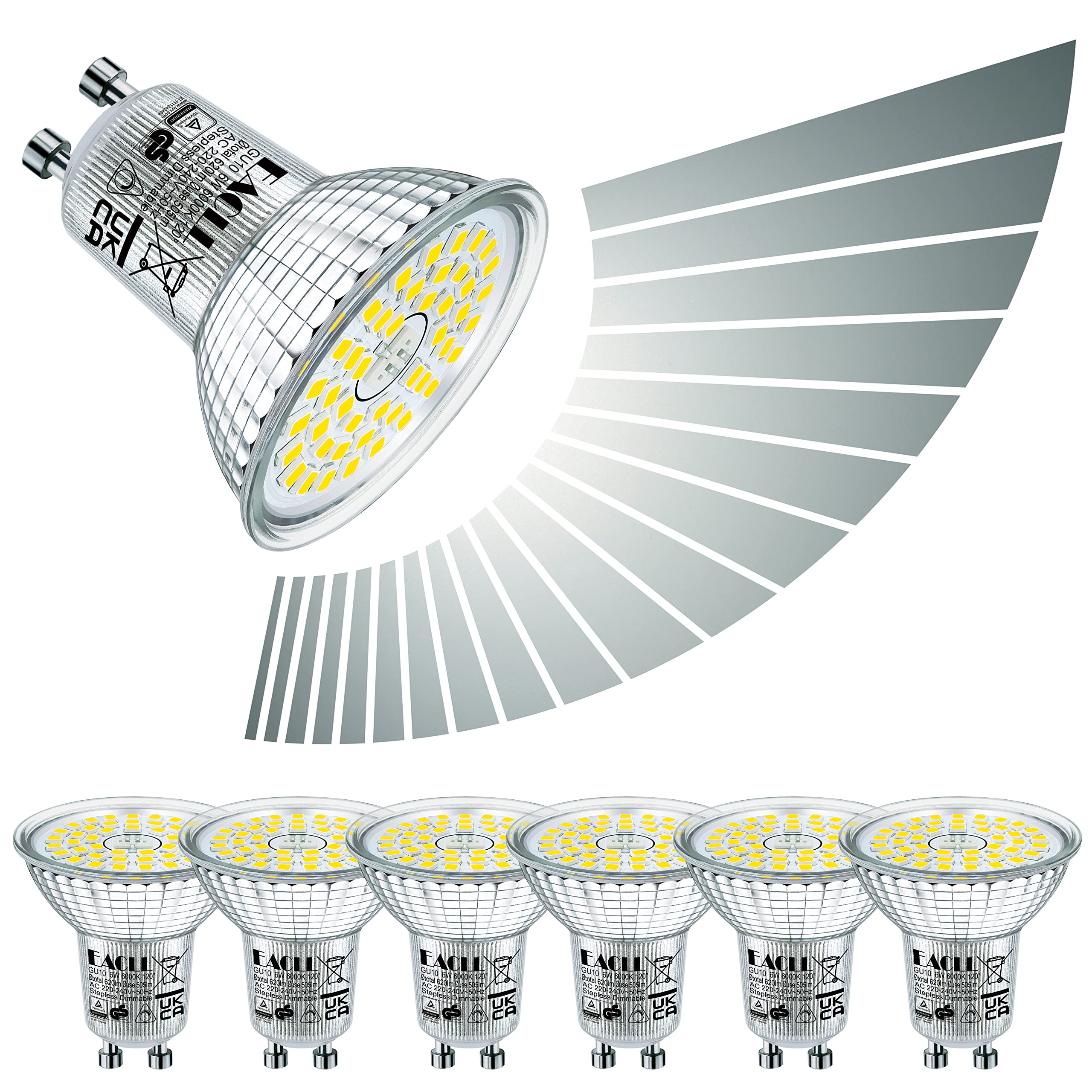 EACLL GU10 LED Bulbs Dimmable 6W Cool White 6000K Light Replace 65W PAR16 Halogen. 620LM Energy Saving Light Source, Continuous Dimming via Dimmer, 120°Wide Beam Angle, Flicker-Free Spotlight, 6 Pack — image 1