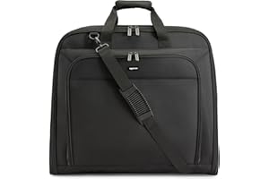 Amazon Basics 43" Premium Garment Bag for Travel, Suit Bag with Shoulder Strap for Suits and Dresses, 1680D Polyester Fabric, Exterior/Interior Pockets, Leather-reinforced Corners, Trifold, Black
