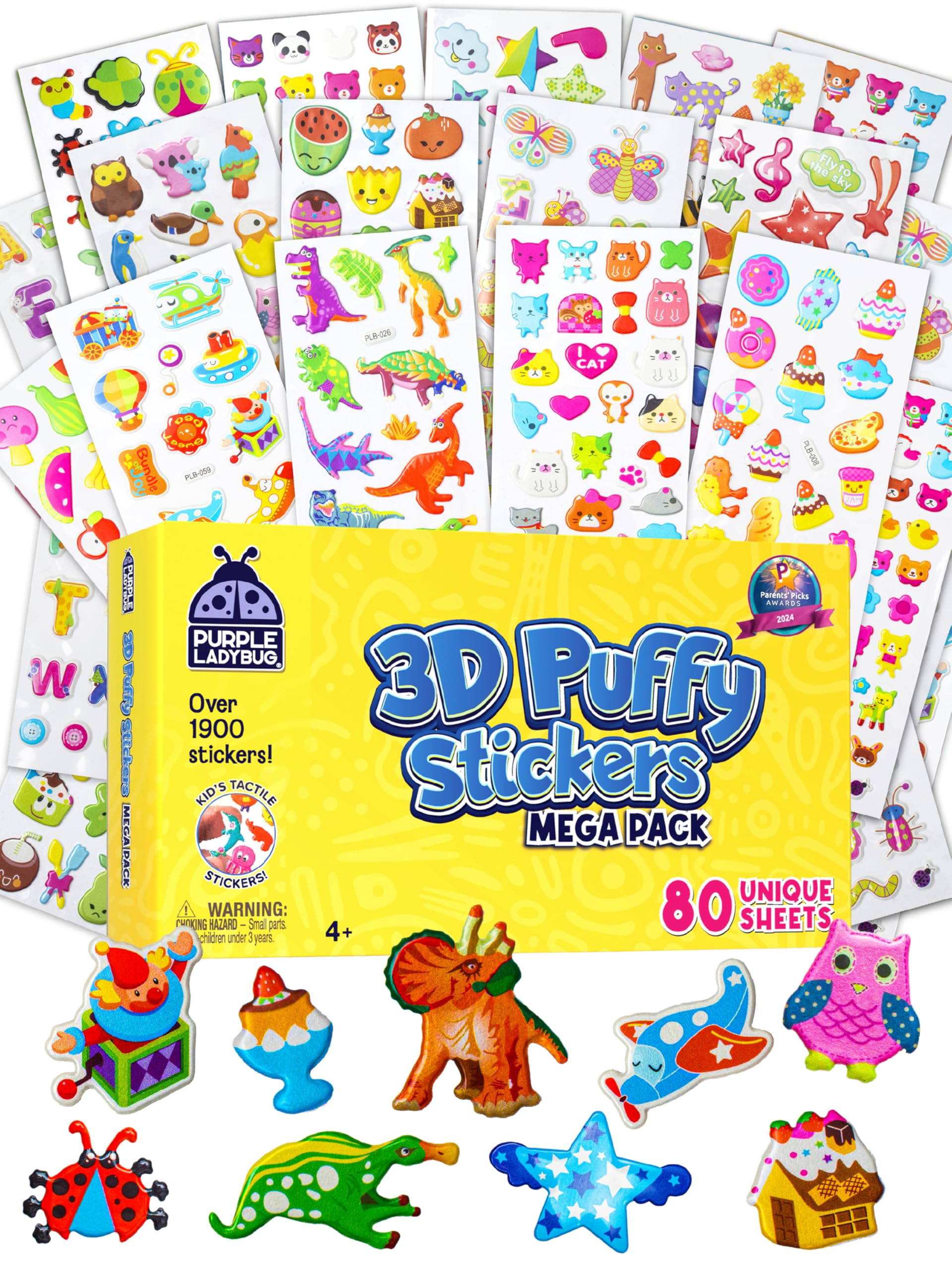 PURPLE LADYBUG 2000 PCS 3D Puffy Stickers for Children - 80 Unique Kids Sticker Sheets Featuring Animals, Dinosaurs & Letters - Party Bags & Classroom Rewards