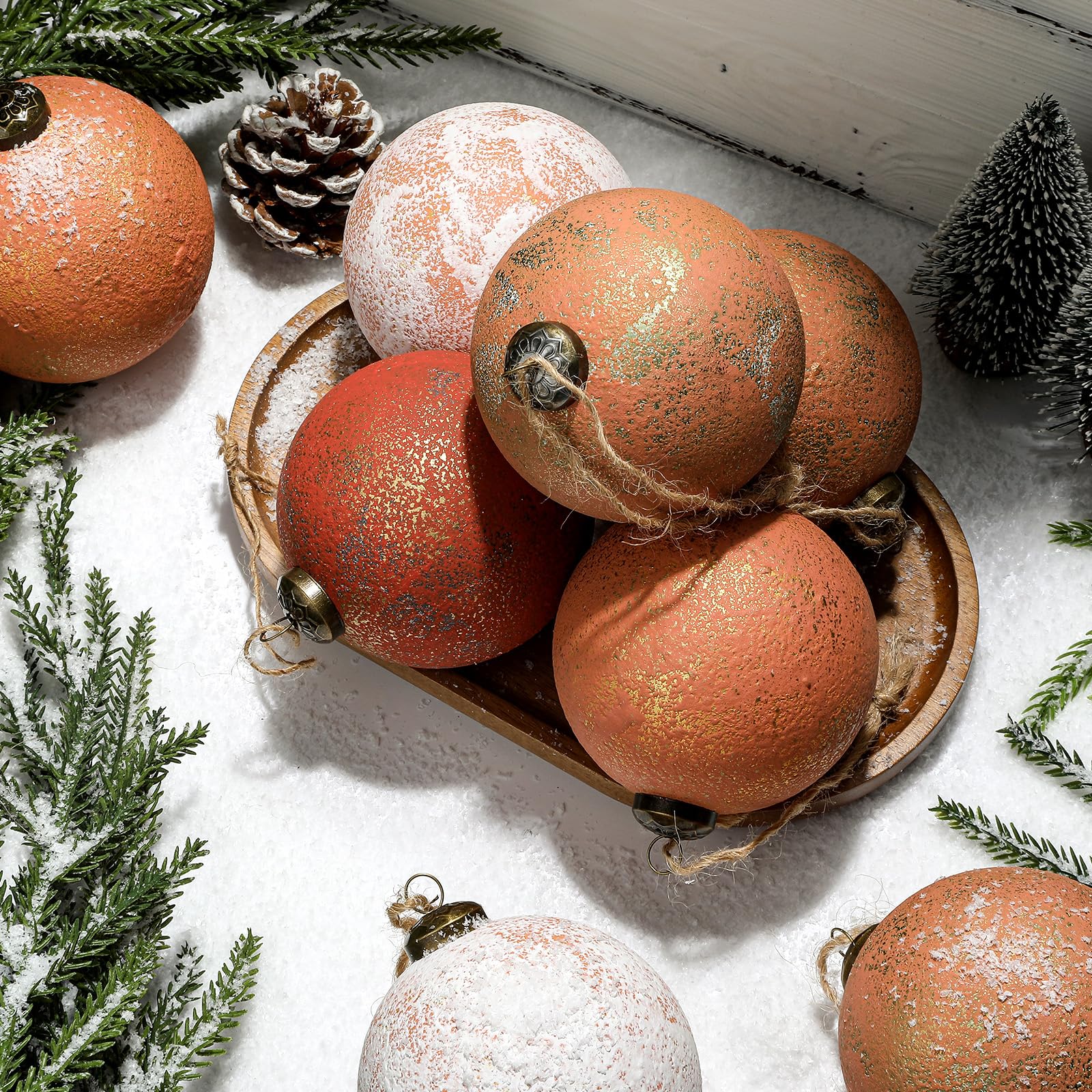 Photo 1 of 12 Pcs 3.15'' Large Rustic Vintage Neutral Textured Farmhouse Brown Christmas Ornaments Ball