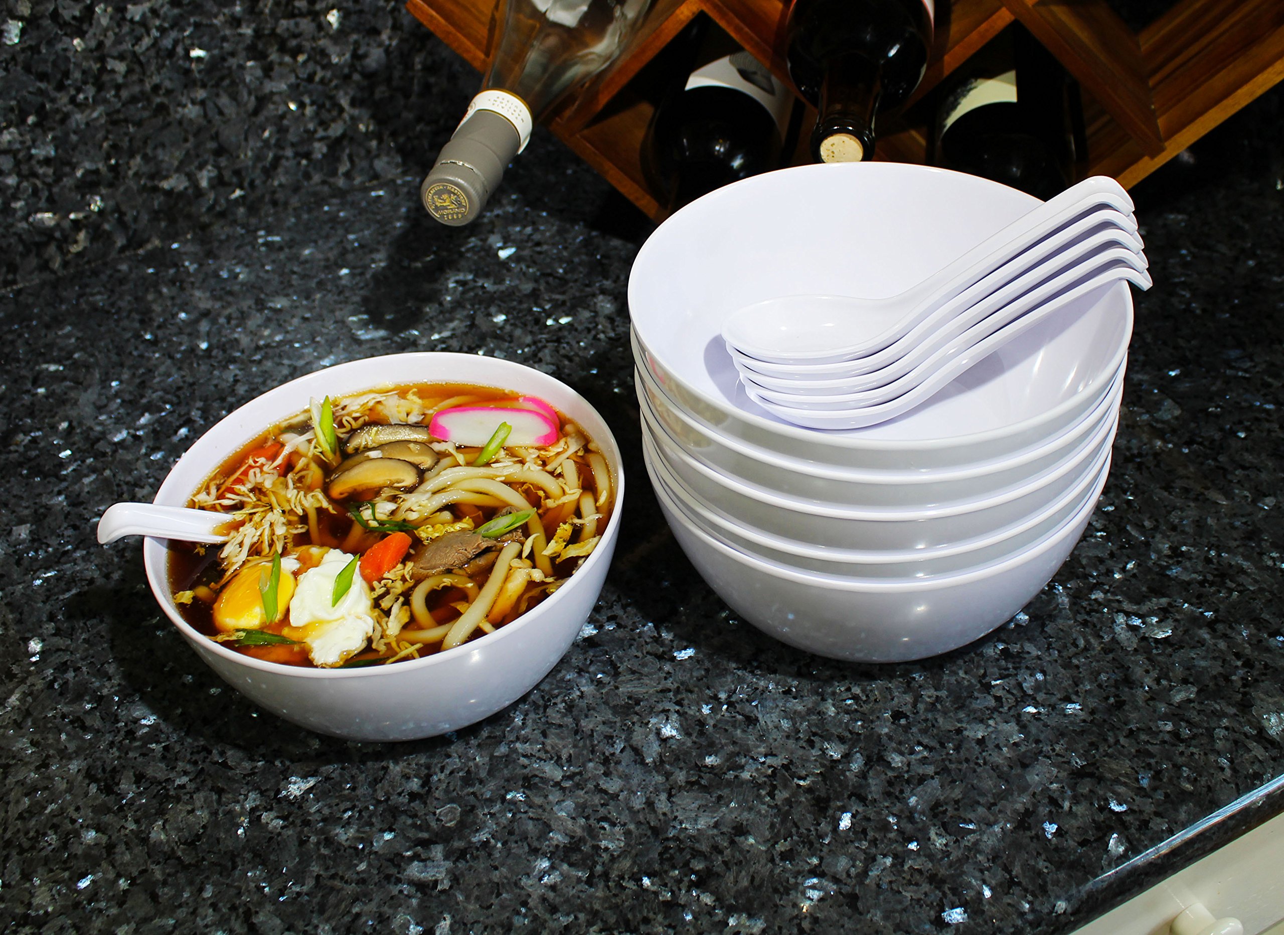 Chef Miso Set of 6 Extra Large Melamine Pho Bowls and Spoons White 48