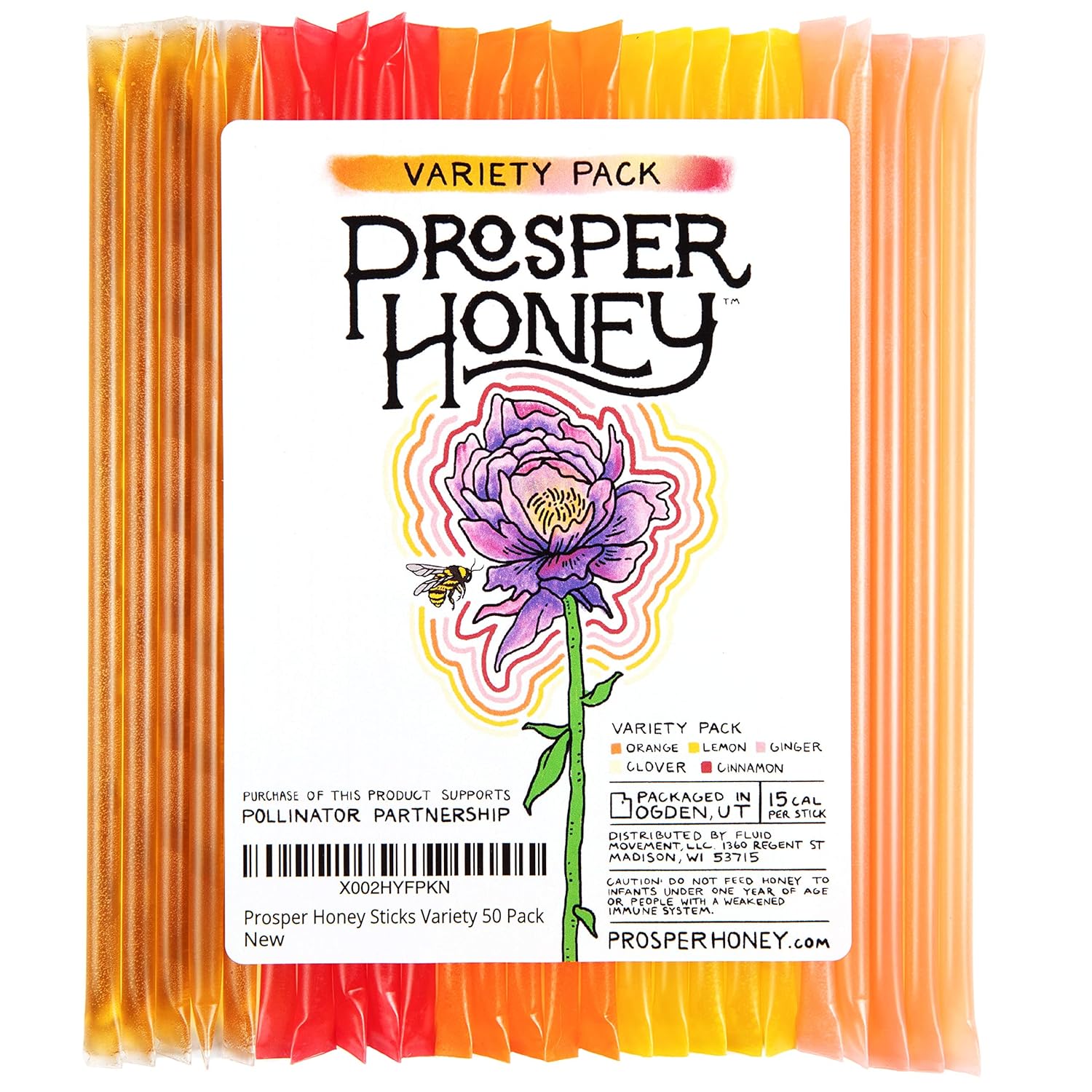 Prosper Flavored Honey Sticks, 5 Flavored Sampler Pack, Made with Pure American Honey and Flavored with Essential Oils (50 Pack)