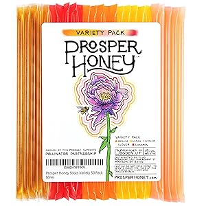 Prosper Flavored Honey Sticks, 5 Flavored Sampler Pack, Made with Pure American Honey and Flavored with Essential Oils (50 Pack)