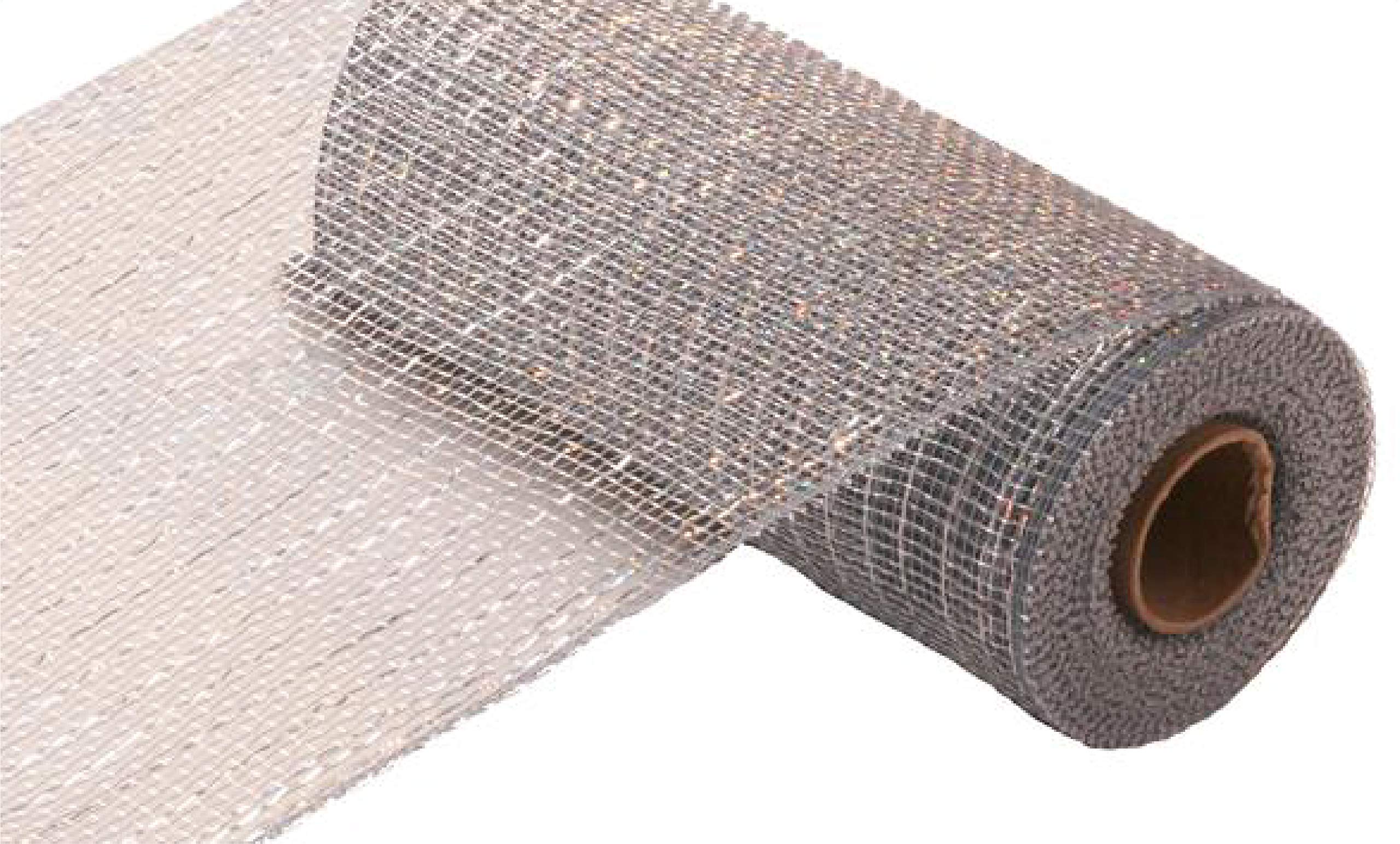 10 inch x 30 feet Deco Poly Mesh Ribbon (Platinum, Laser Silver Foil)