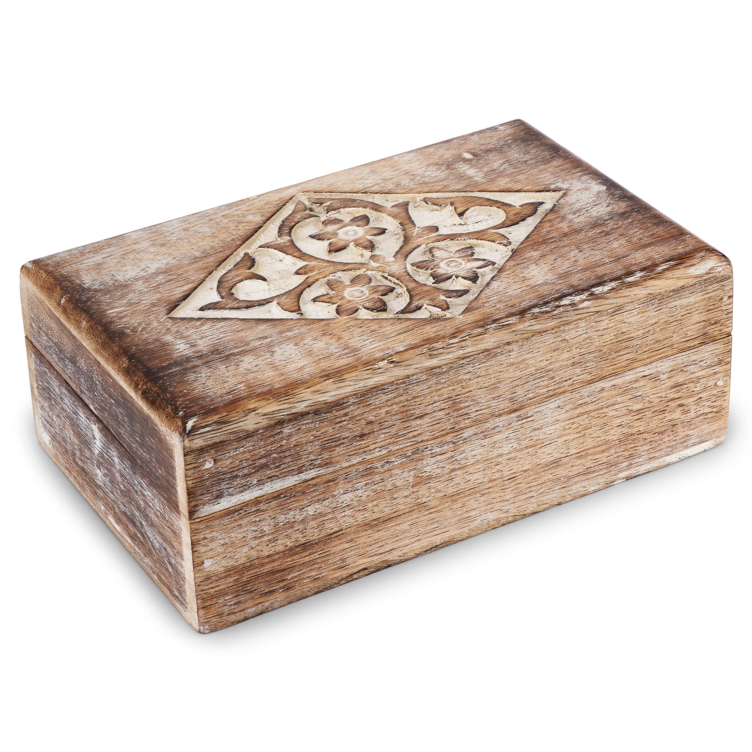Ajuny Wooden Jewelry Box floral and Diamond Carvings Handmade Decorative Brown and White Storage Box Multipurpose Organizer Trinket Holder Case Unique Gifts for Men & Women