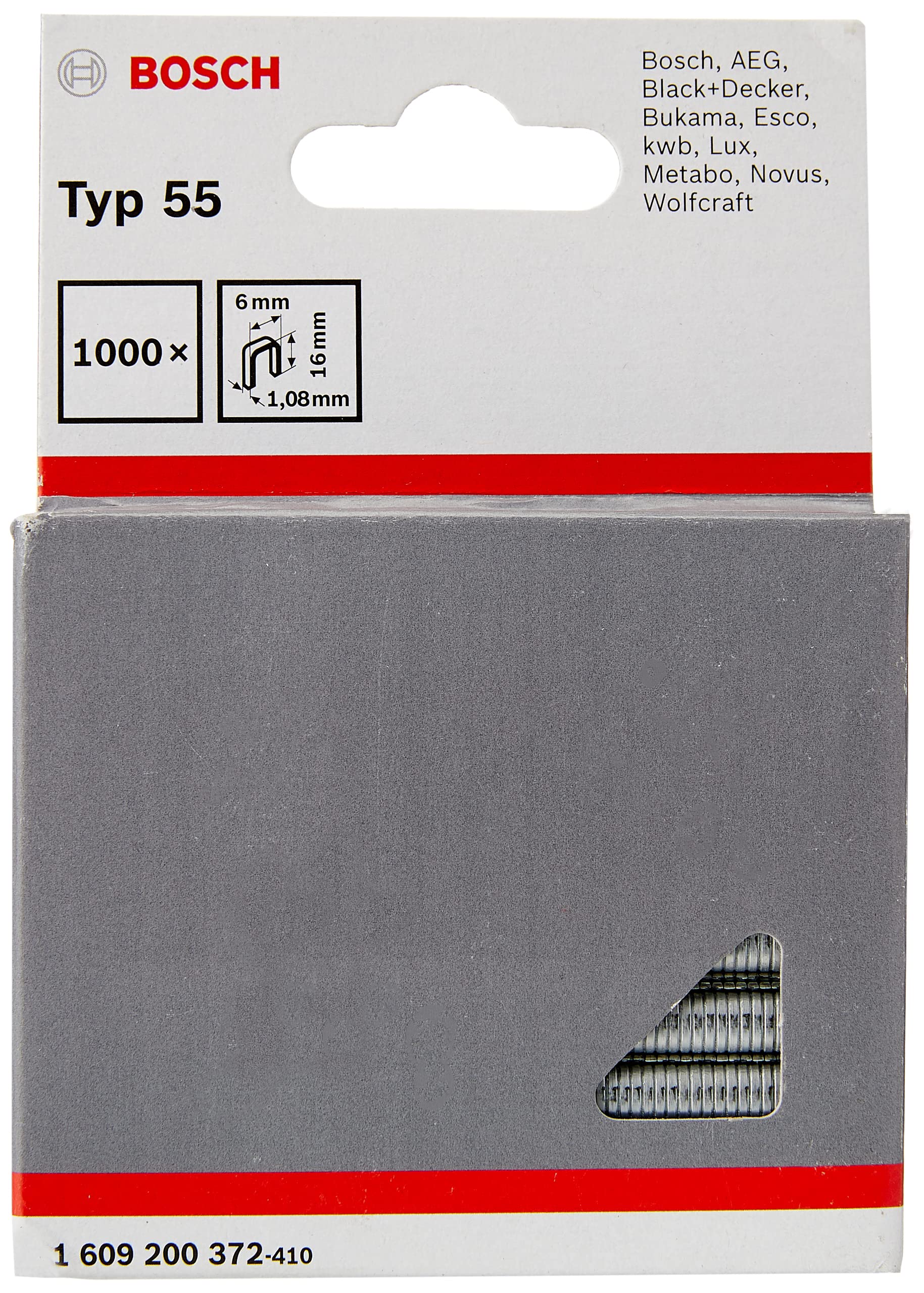 Bosch Professional 1000x Narrow Crown Staple Type 55 (Textiles, Carton, Foil, 6 x 1.08 x 16 mm, Accessories Tacker, Staple Gun)