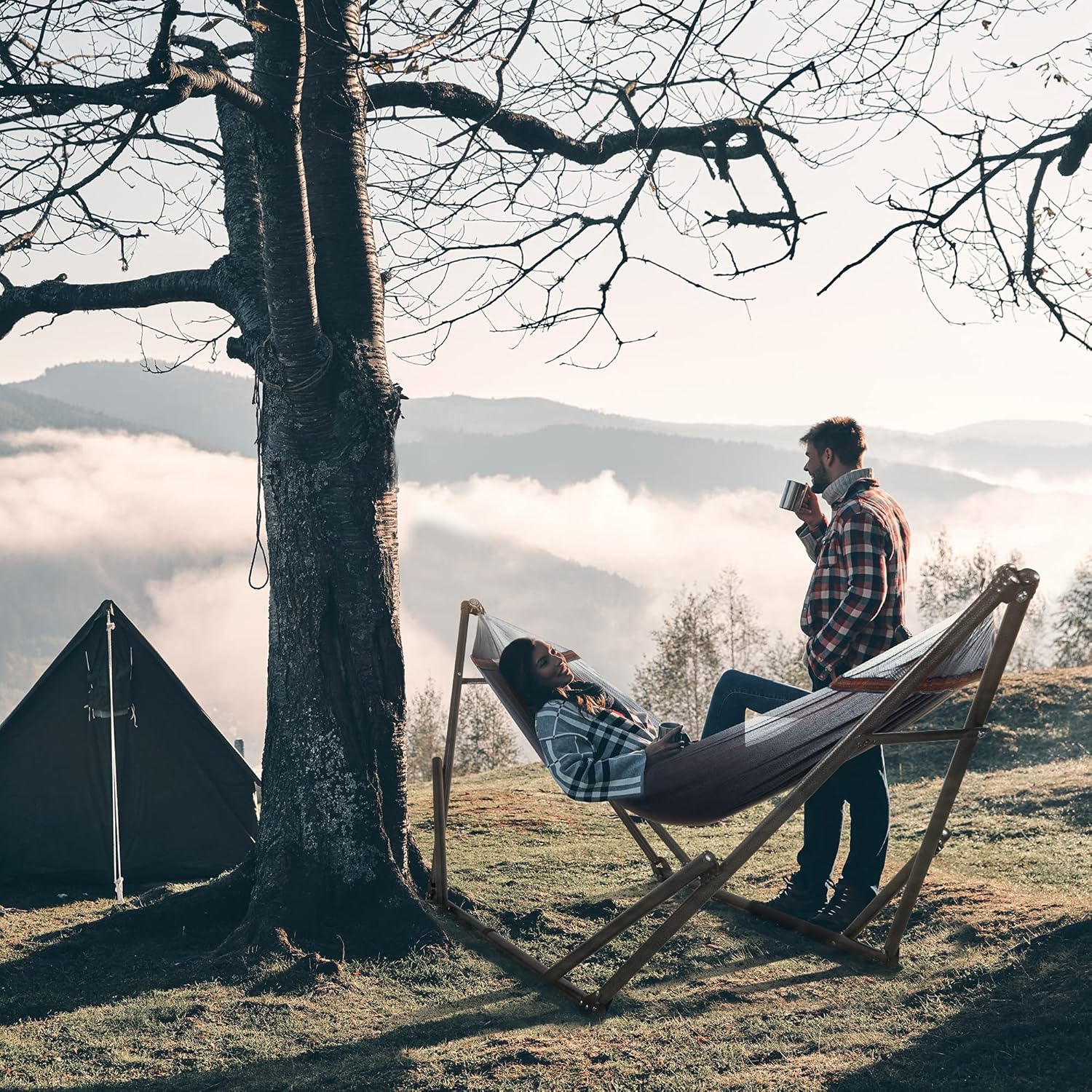 Tranquillo YW2N Universal Hammock Stand-1.2mm Thickness Steel Frame with Hanging Net, Double, Grey : Garden & Outdoor