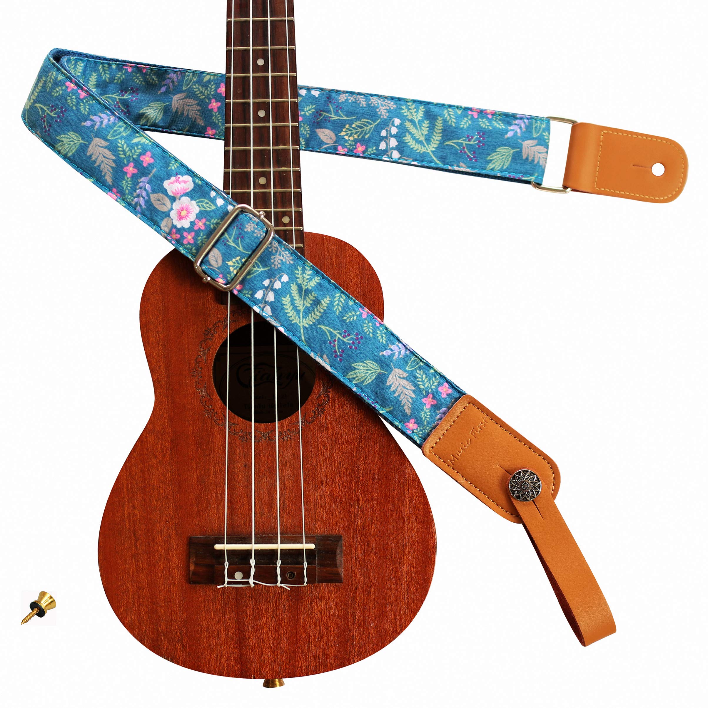 MUSIC FIRST Original Design Vintage “Dawn Fog Garden” Soft Cotton & Genuine Leather Ukulele Strap Ukulele Shoulder Strap With a Genuine Leather Strap Locker