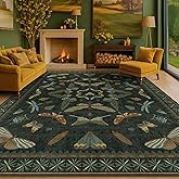 Hazo Haus Dark Green Insect Area Rugs 8x10 for Living Room, Dining Room Under Table, Bedroom, Unique Washable Floral Non Slip Low Pile Soft Rug