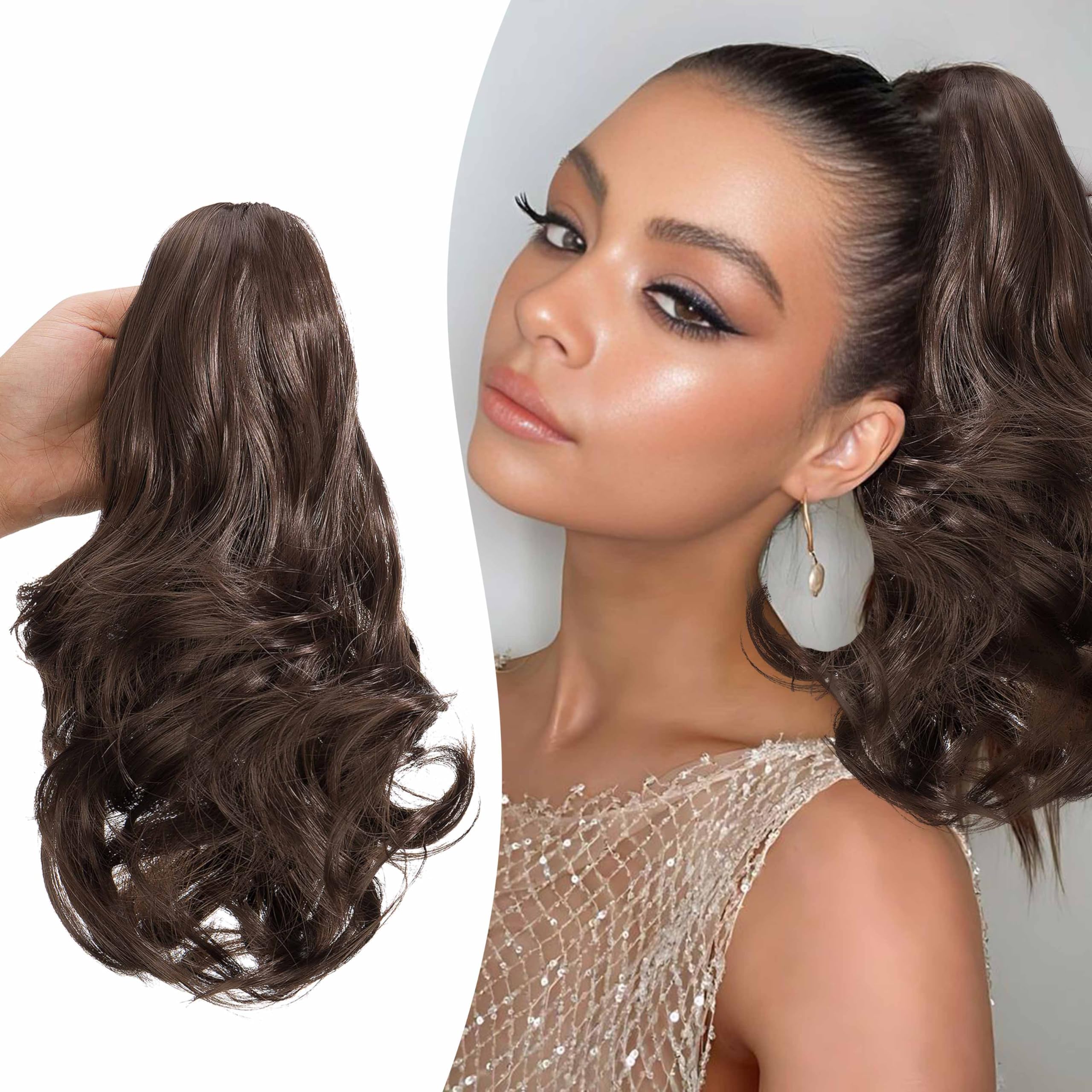 Gairyan 10" Clip in Ponytail Hair Extensions Curly Ponytail Extension Claw on Pony tails Wavy Synthetic Hairpieces for Women Real Natural Short Wave, Ash Brown
