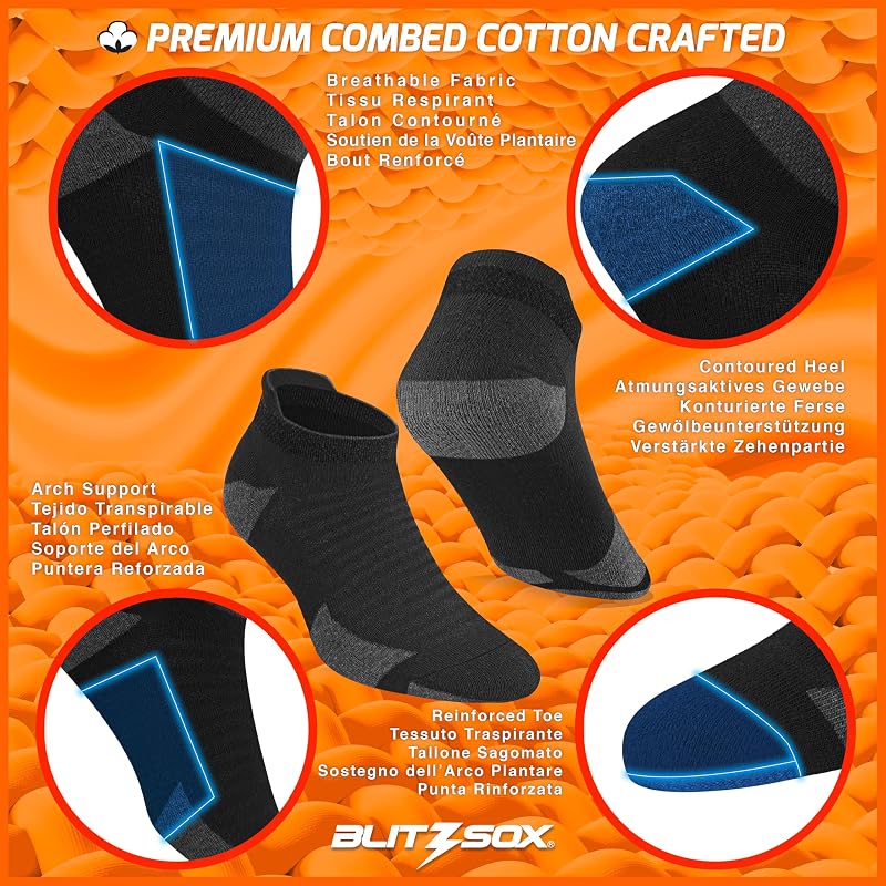 6 Paar Herren Sportsocken aus Baumwolle | Sneaker Socken | DRI-WIK Feuchtigkeitskontrolle | Gepolstertes Fußbett mit Fußgewölbe-Kompression | Verstärkte Ferse & Spitze (43-46, Schwarz)