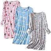 Inadays 3 Pack Women's Cotton Nightgown Sleepwear Long Sleeves Nightshirt Fun Print Sleepdress Loose Comfy Sleepshirts