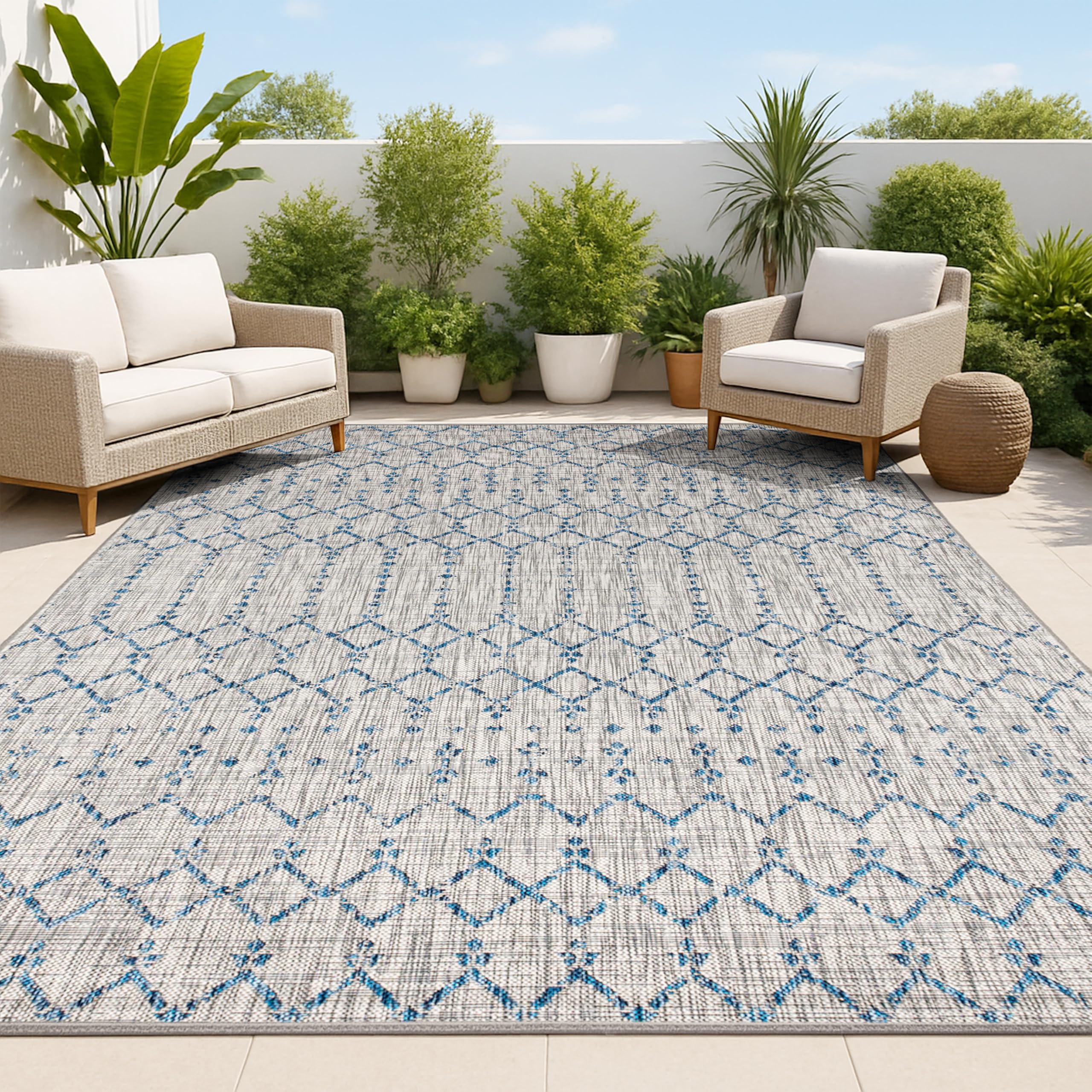 JONATHAN Y Moroccan Geometric Indoor Outdoor Area Rug 10X14 Light Gray/Navy, Ourika Textured Weave for Backyard, Patio, Porch, Easy-Cleaning, High Traffic, Pet-Friendly, Non-Shedding (SMB108A-14) Image