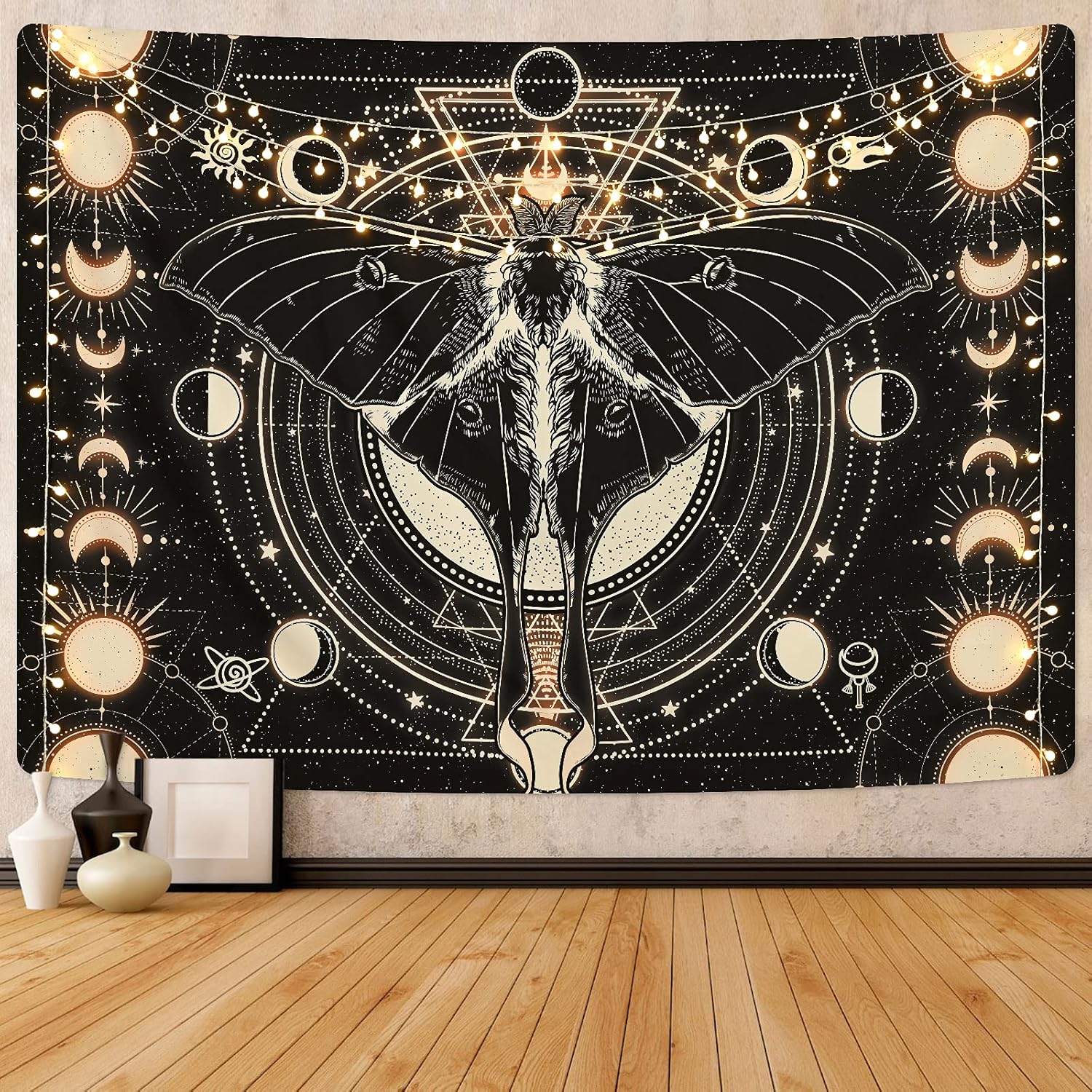 Tapestries - Moon Phase Tapestry Vintage Butterfly Tapestry Psychedelic Moth Tapestry Black Moon and Stars Tapestries Aesthetic Wall Art Tapestry Wall Hanging for Room(51.2 x 59.1 inches)