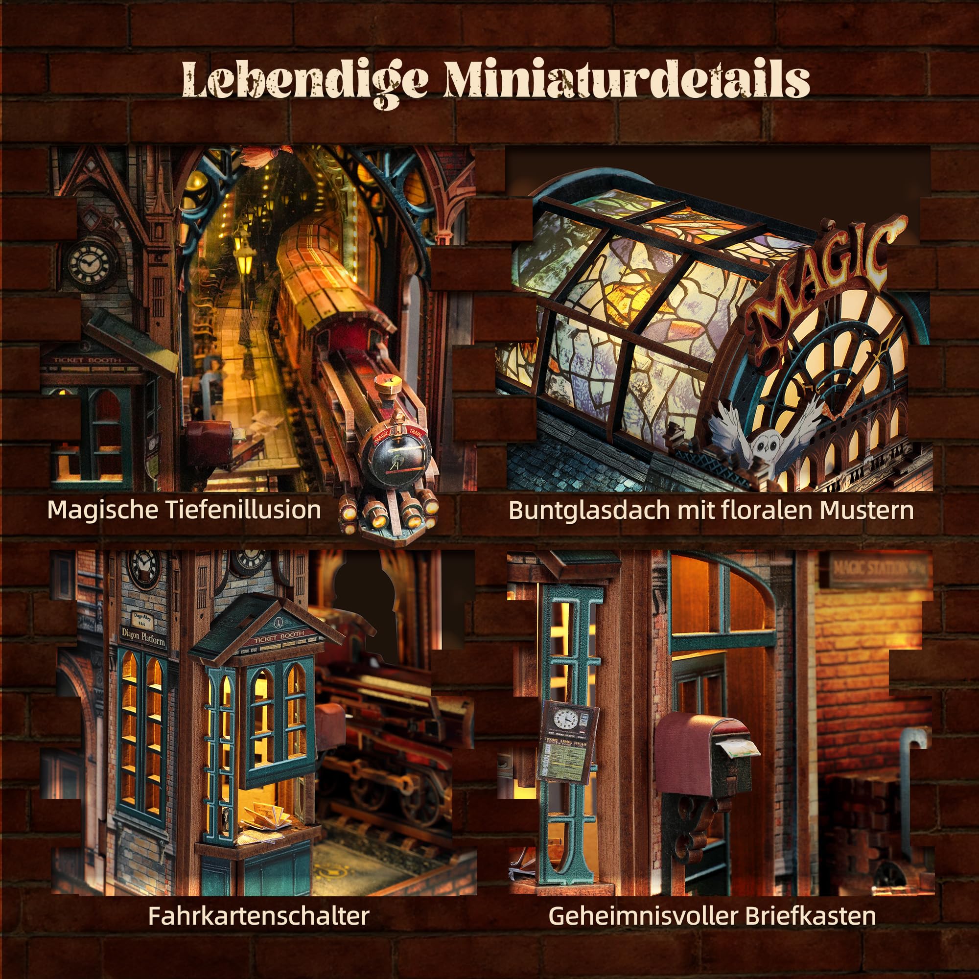 FUNPOLA LED 3D Puzzle Magische Station Book Nook Kit - Interaktives 3D Holzpuzzle LED Magische Miniatur mit unendlichem Erweiterungsraum - DIY Bücherregal Einsatz Dekor Geschenke (Magic Station) 3
