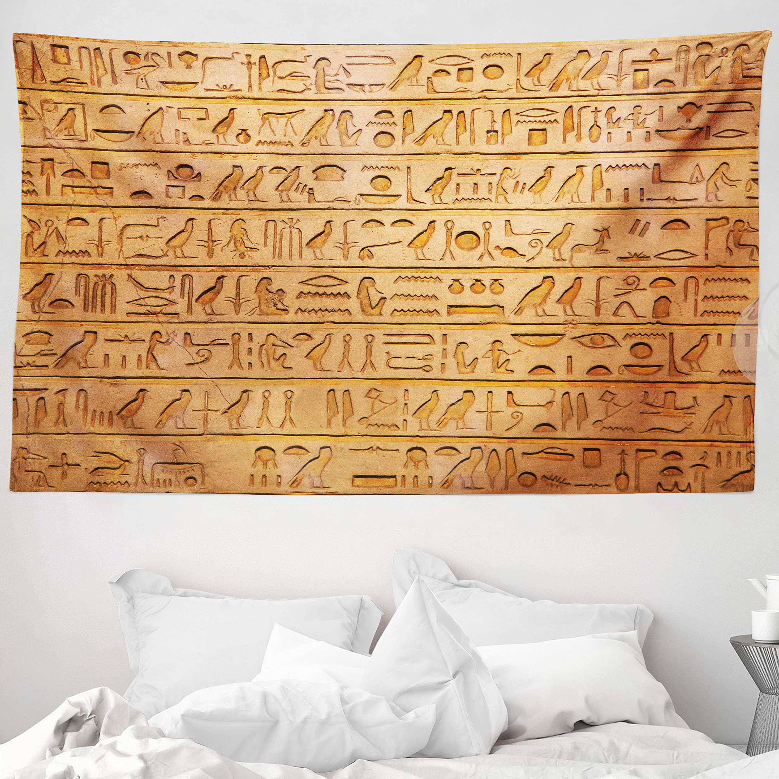 ABAKUHAUS Egypt Tapestry, Hieroglyph Stones with Historic Primitive Art Style Different, Fabric Wall Hanging Decor for Bedroom Living Room Dorm, 230 x 140 cm, Pale Orange Amber