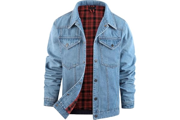 Mr.Stream Men's Snap Jean Jacket Western Cowboy Plaid Flannel Lined Work Denim Trucker Jackets