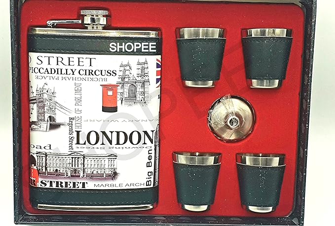 SHOPEE Branded London Wine Holder/Whiskey Holder/Liquor Holder Imported Hip Flask Stitched Leather and Stainless Steel Hip Flask (230 Ml), Design Engraved - Alcoholic Beverage Holder