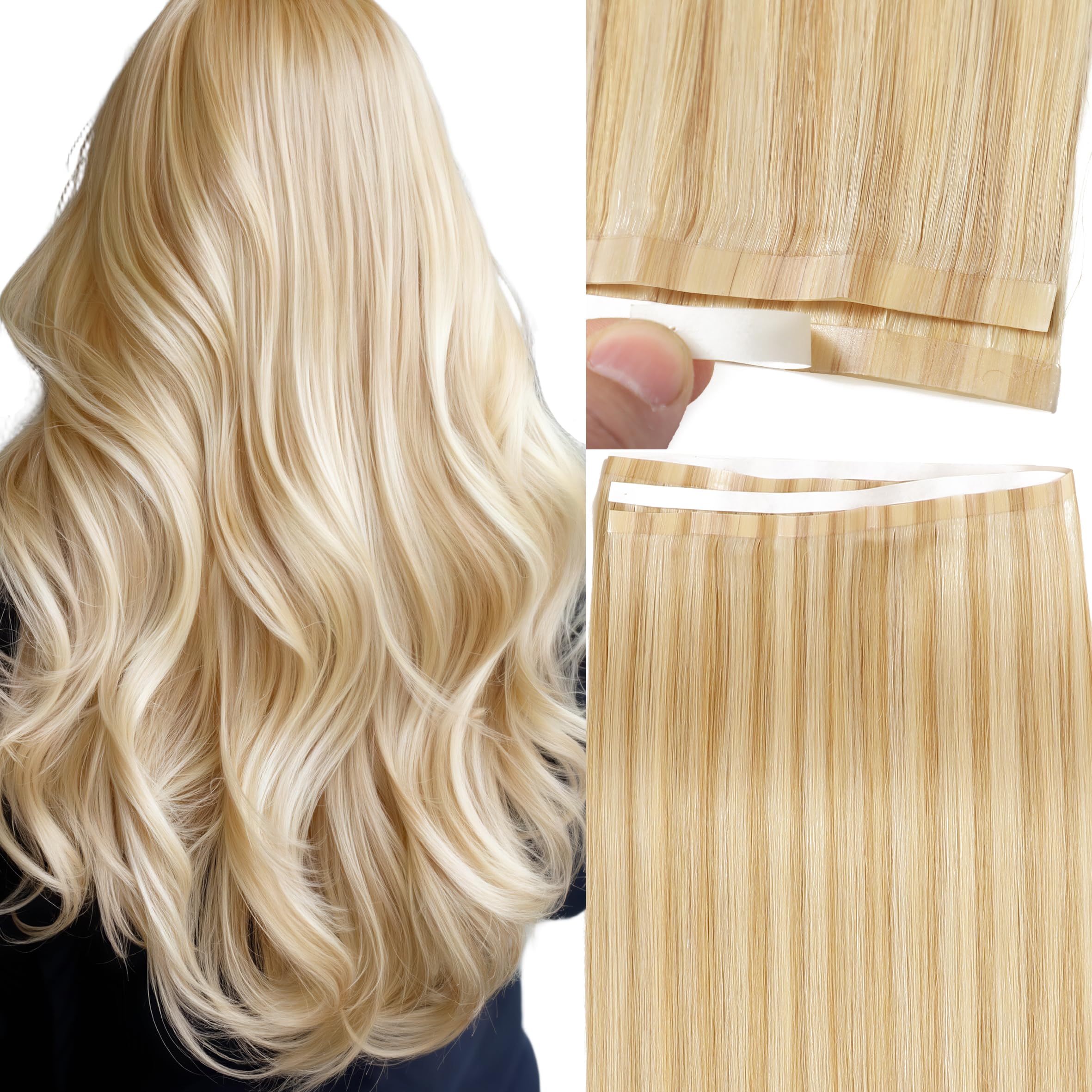 Photo 1 of Loxxy Blonde Human Hair Tape in Extensions Long Weft - Silky Straight Wide Tape in Hair Extensions - 16 Inch 50g, Golden Blonde to Light Blonde Color, DIY Wide PU Weft 31.5" (80cm)
