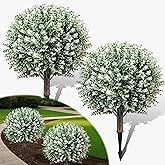 YUGYUM 2 Pack 24.5" Artificial Boxwood Topiary Ball Trees Outdoor, Faux Plants Flower Shrubs Bushes with Spike,UV-Resistant Fake Greenery for Planters Porch Garden Home Office Spring Decor-White