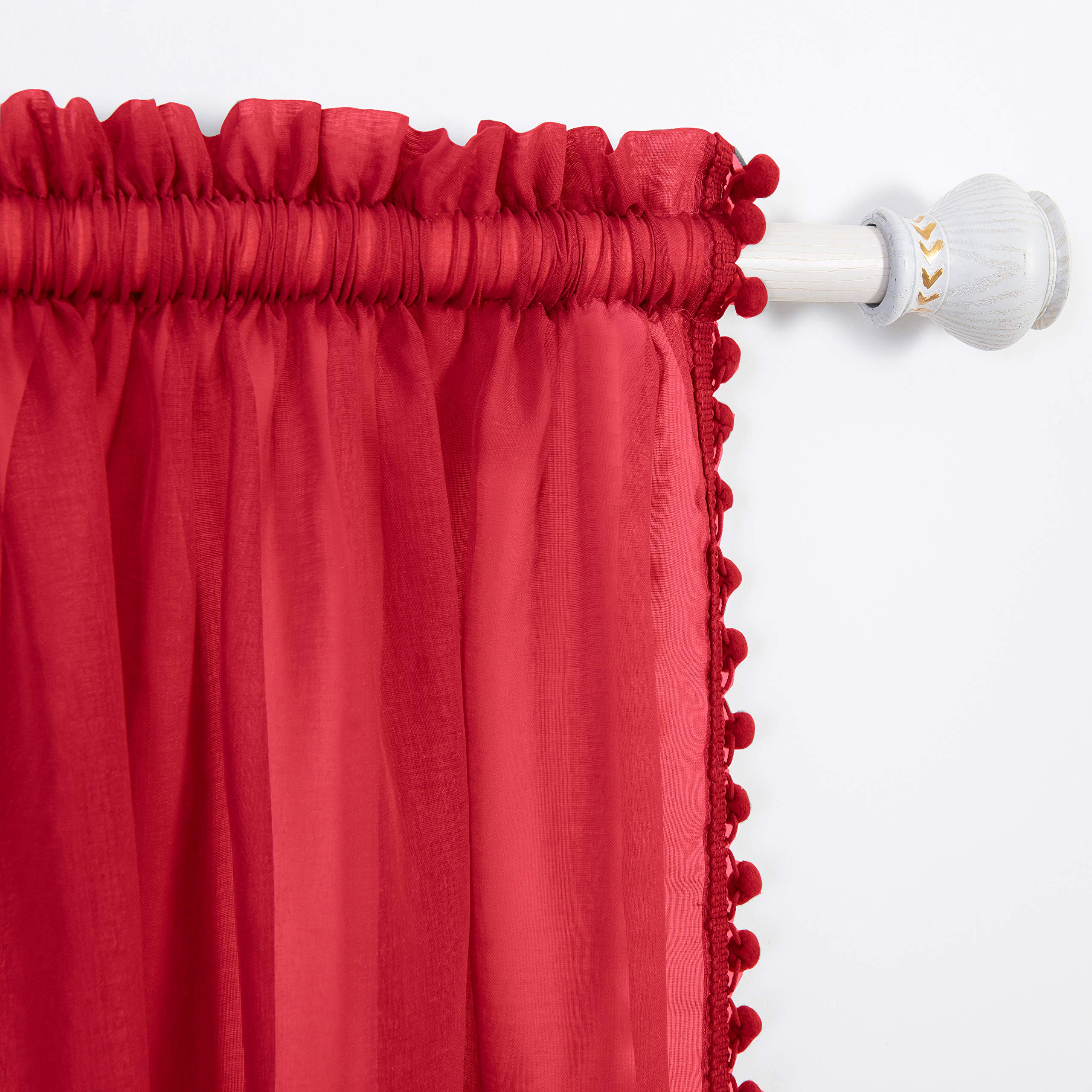 Elegant Comfort Semi-Sheer Pom Pom Tassels Curtains - 2 Panels Set - with 2inch Rod Pocket - Solid Sheer Curtain Drapes for Living Room, Bedroom, W40 X L84, Red