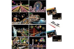 BOTEEN Scratch Art for Adults and Kids-City Landmarks Scratch Painting Craft Kit (8 Sheets A4)|DIY Foil Engraving Art Set|Stress Relief Gift for Travel Lovers,Craft Lovers,Home Decor(America/Europe)