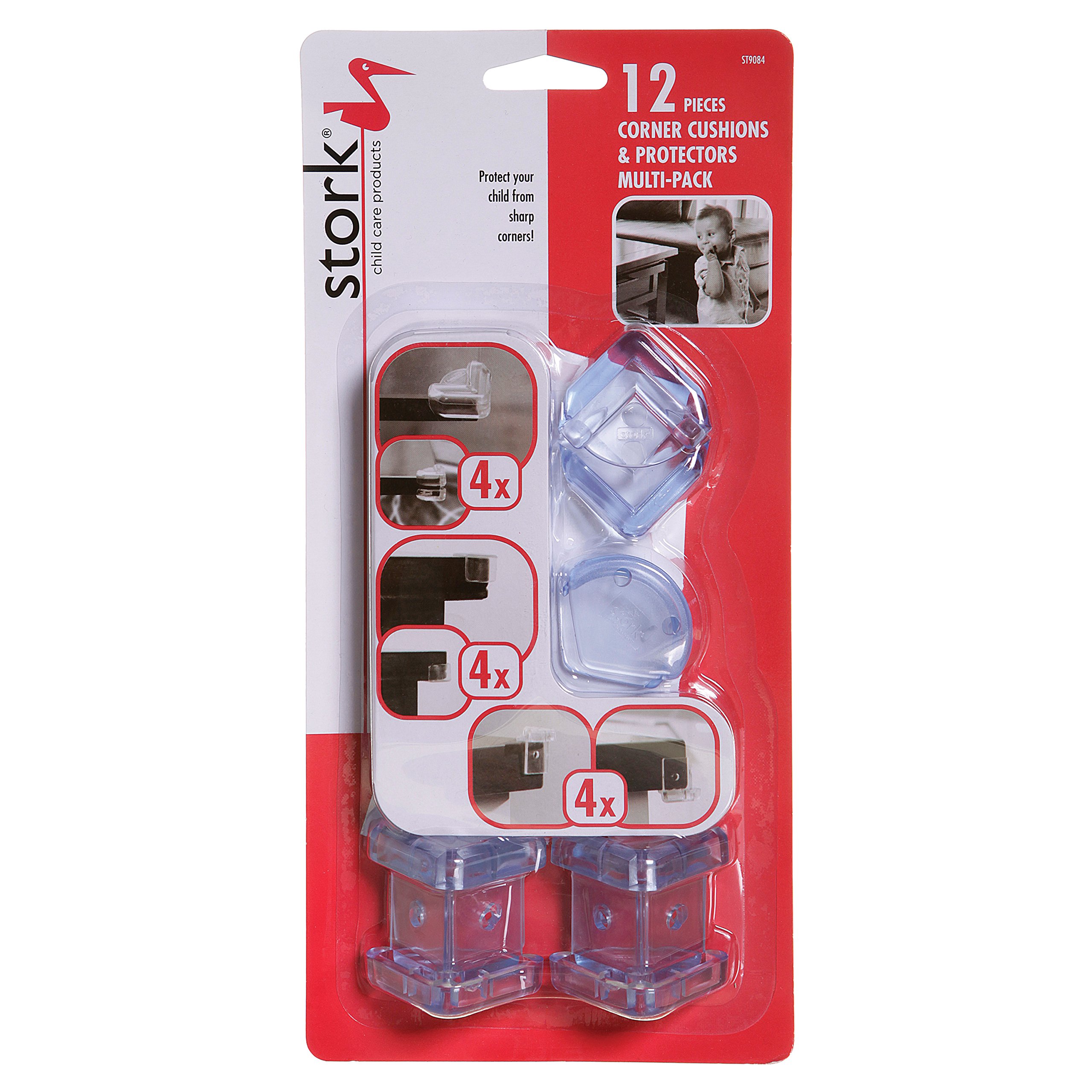 Stork Child Care Products Corner Cushion Protectors - Furniture Safety Edge Guards - Transparent - 12 Pack - Model ST9084