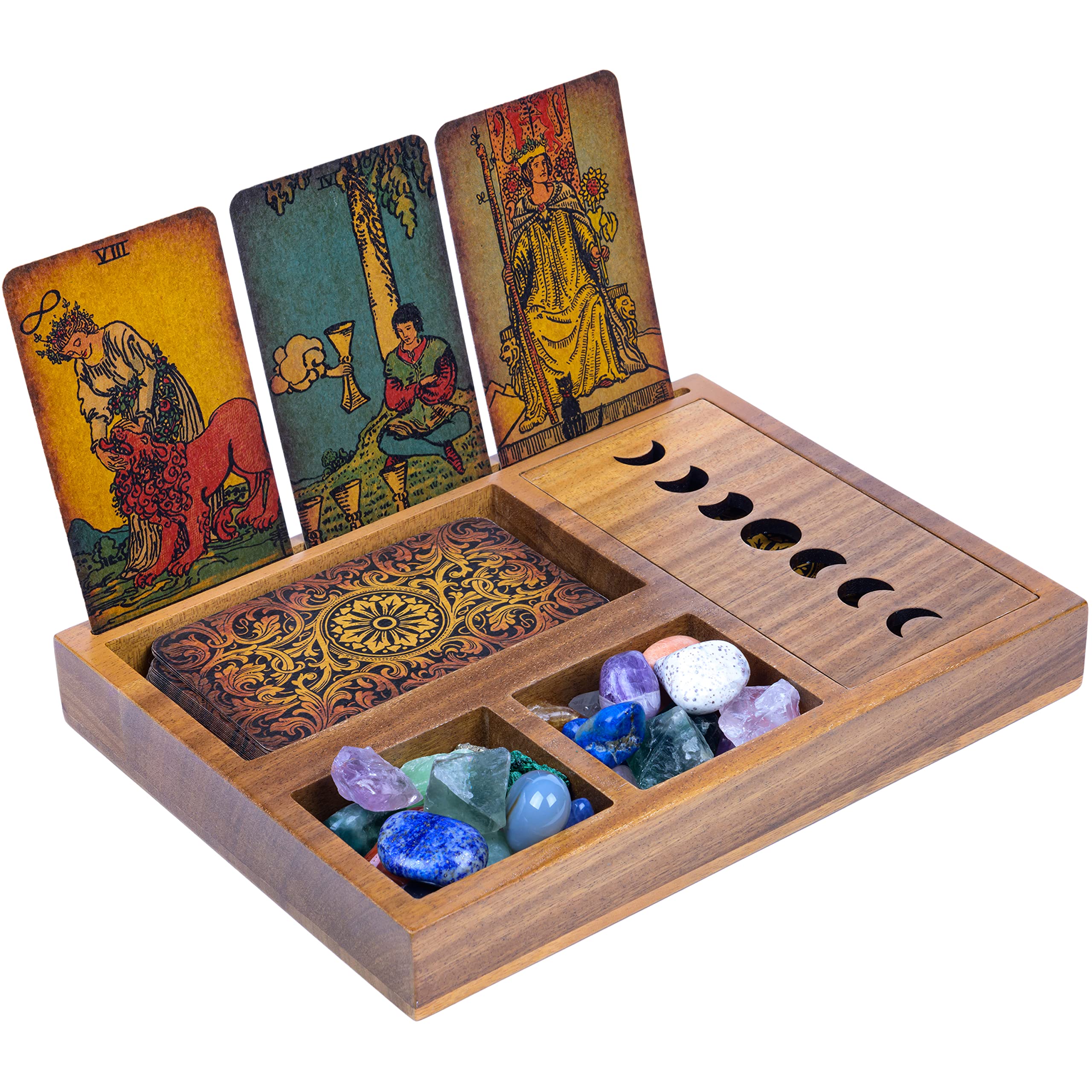Curawood Tarot Card Holder Box More Immersive Readings 3 Tarot Card Stand & Crystal Holder Moon Phase Design Tarot Display Deck Holder & Crystal Tray Witchcraft Decor Wiccan Altar Supplies, Brown — image 1