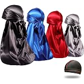 4PCS Silky Durags for Men Women 360 Waves with 1 Wave Cap, Silky Satin Durag Extra Long Tails