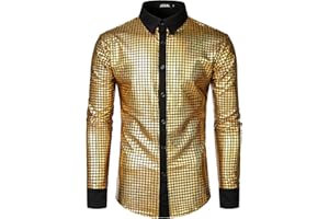 JOGAL Men's 70s Costume Rainbow Sequins Disco Party Dress Long Sleeve Button Down Shirts