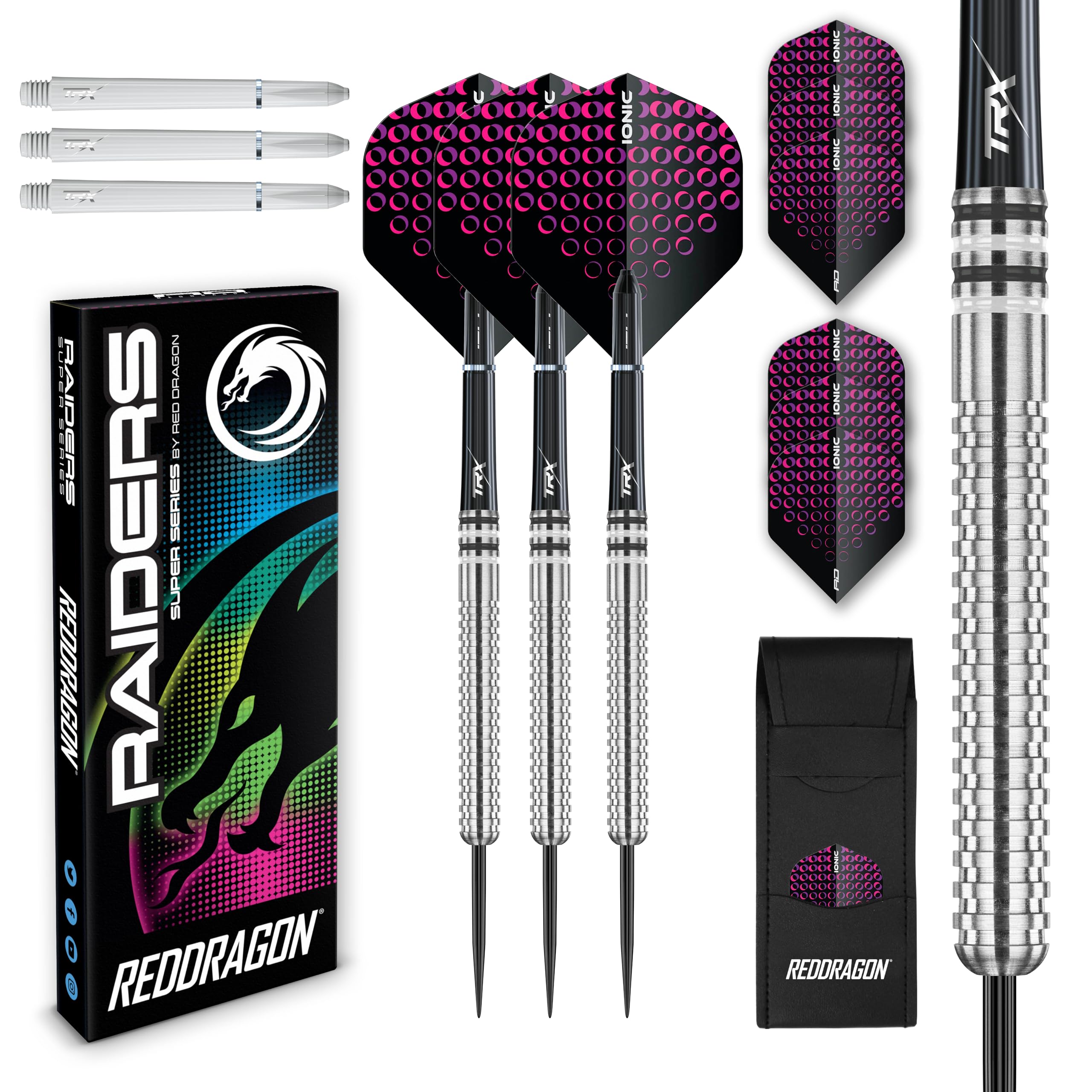 Raider 1: 23g Steel Tip Tungsten Darts Set - Pink Style Set of Professional Darts with Shafts (Stems) and Flights - Choice of Colour Available