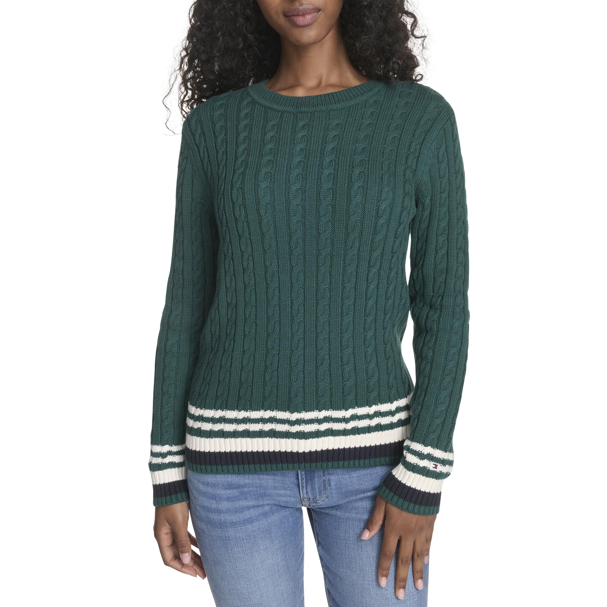 Tommy Hilfiger Women’s Sportswear Cotton Crewneck Cable Sweater, Forest Multi, Small