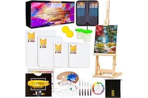 MODERA Premium Acrylic Art Paint Set | 62-Piece Professional Artist Painting Supplies Kit w/Wooden Tabletop Easel, Paints, Brushes, Knives, Palettes, Canvases & More, for Adults, Kids, Hobbyists & Beginners