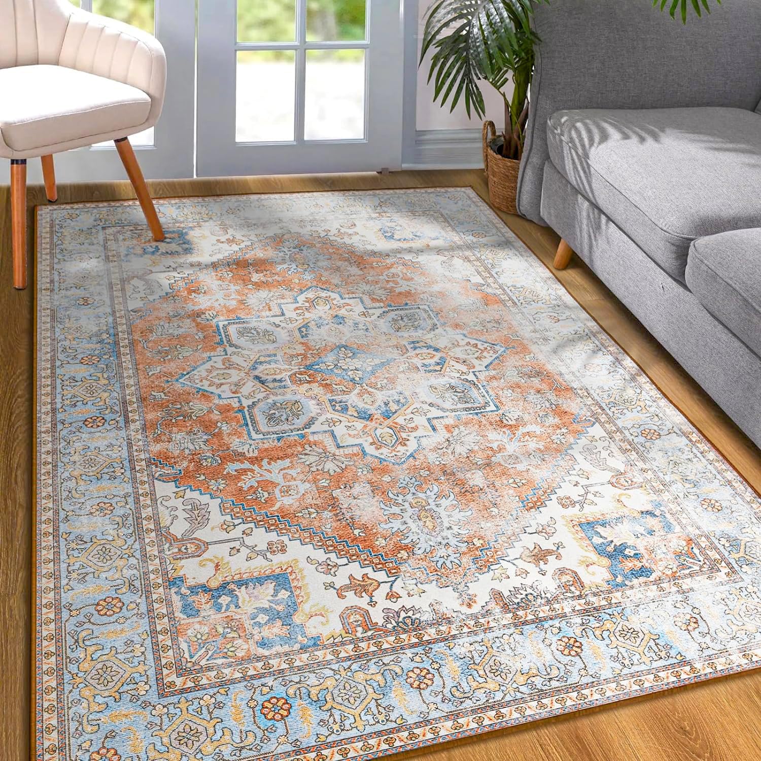 Photo 1 of YJ.GWL Area Rug for Living Room, 4x6 Machine Washable Boho Rug for Bedroom, Low Pile Lightweight Thin Rugs Floral Vintage Distress Print Pattern Carpet for Dining Room, Brick
