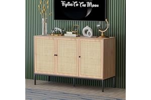 YECHEN Buffet Cabinet with Natural Rattan Decorated Doors, Sideboard Accent Console Table/Storage Cabinet for Living Room, Hallway Entryway Kitchen, 3 Doors
