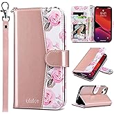 ULAK Compatible with iPhone 13 Wallet Case, Women PU Leather Shockproof Protective Folio Flip Cover with Card Holder Kickstand 6.1 inch, Pink Flower