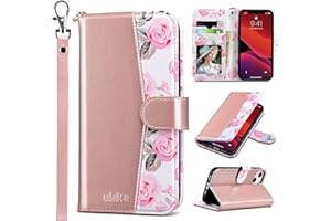 ULAK Compatible with iPhone 13 Wallet Case, Women PU Leather Shockproof Protective Folio Flip Cover with Card Holder Kickstand 6.1 inch, Pink Flower