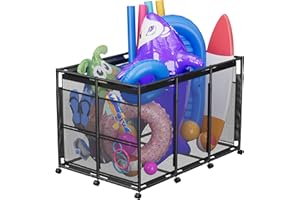 POOLHOUR Pool Float Storage – Outdoor Pool Toy Storage Organizer for Pool Noodles, Toys, Floats, Balls,Equipment, Mesh Rolling Storage Organizer Bin, Black