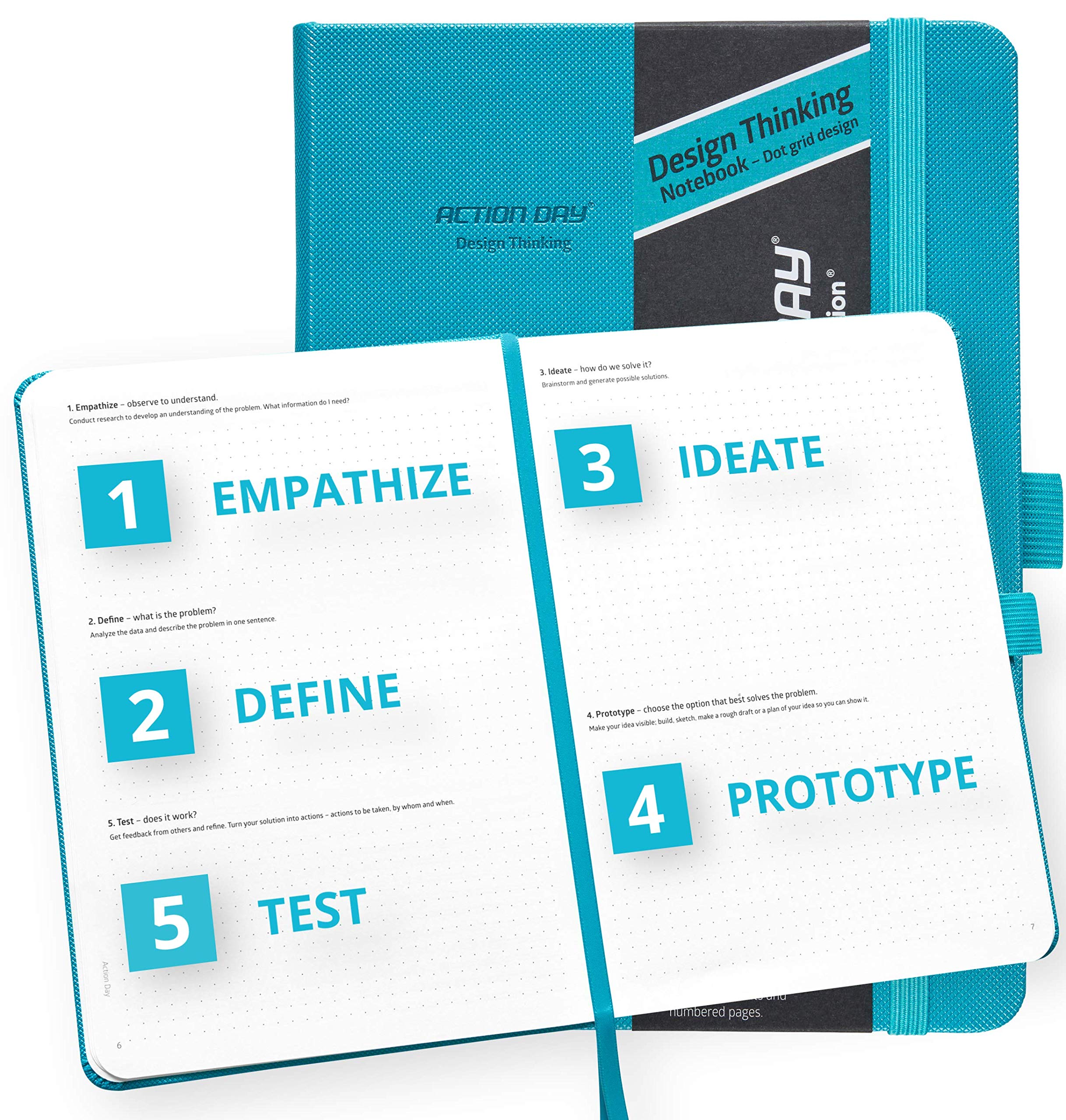 Action Day Design Thinking Notebook - Design That Makes It Easy for You to Solve Problems That Stands in Your Way, Journal, Agenda, Hardcover, Pocket, Pen Loop, Thick Paper, Dot Grid (6x8,Turquoise)