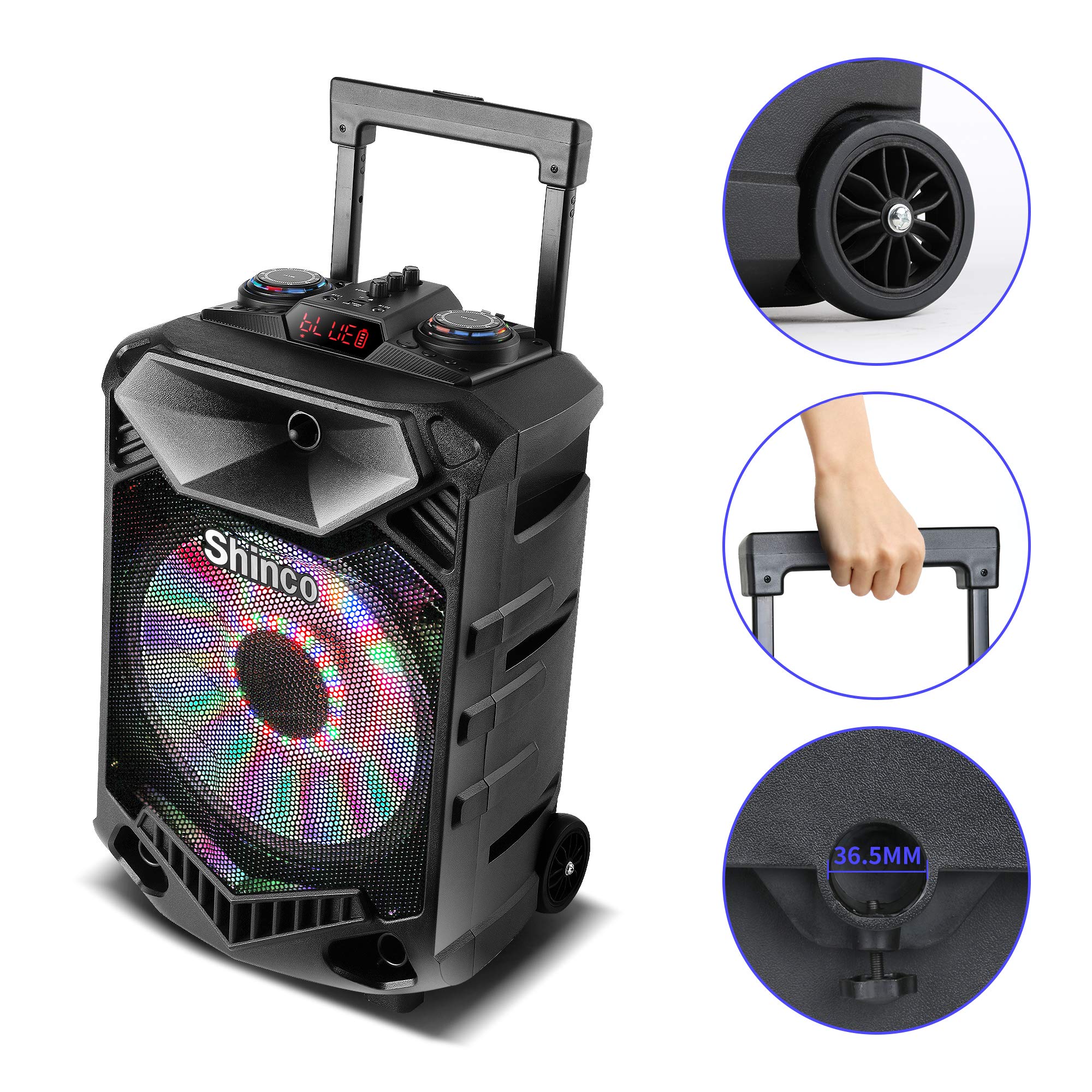Shinco Bluetooth Karaoke Speaker, 12-inch Subwoofer PA System, Portable Karaoke Machine with Wireless Microphone, Flashing Party Light