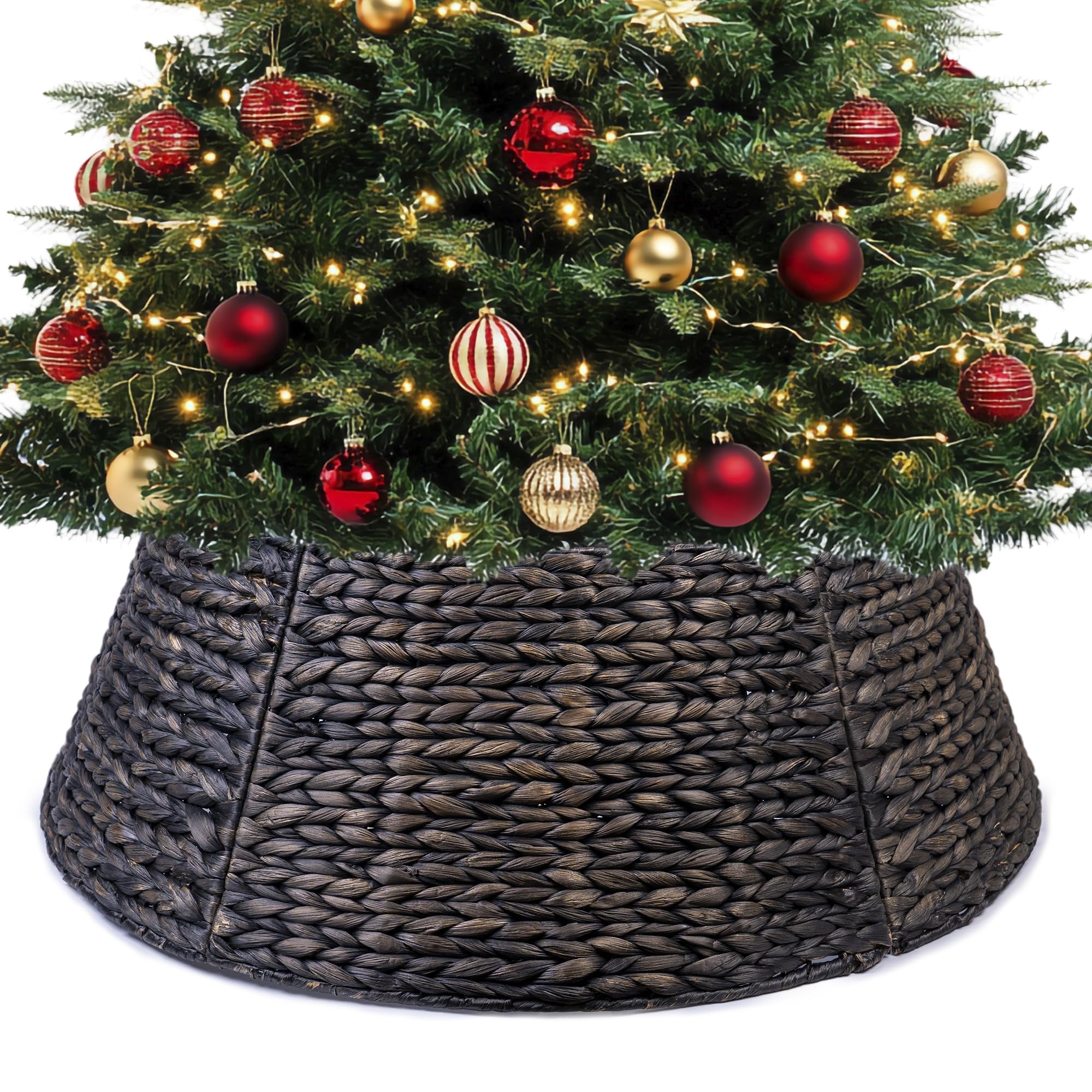 Photo 1 of 24in Christmas Tree Collar, Christmas Tree Ring Adjustable Water Hyacinth Skirt, Christmas Tree Skirt for Decoration, Base Protection from Pets (Black)