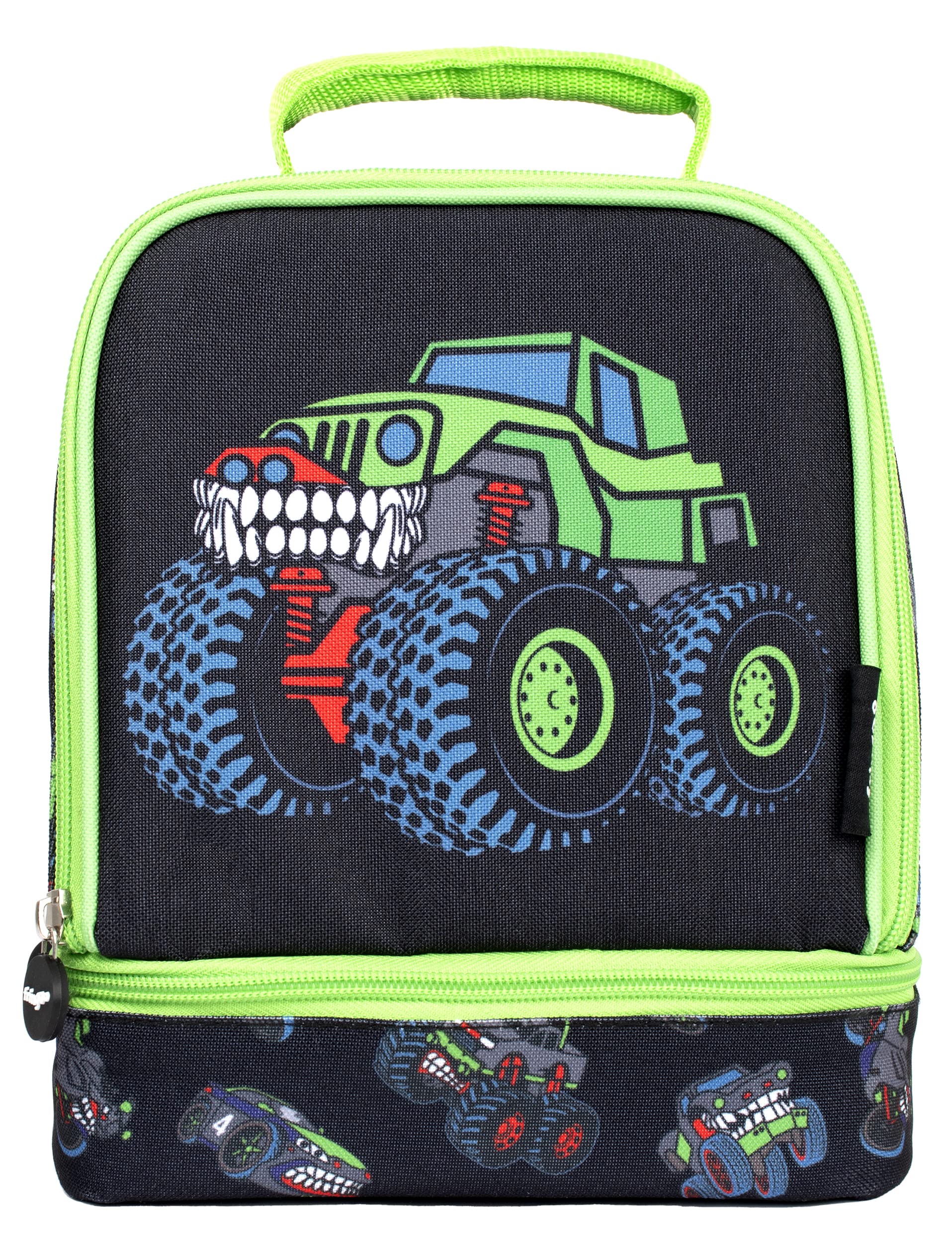 Fringoo Double Decker Lunch Bag - Monster Trucks Design - Insulated Compartment Lunch Bag for Kids