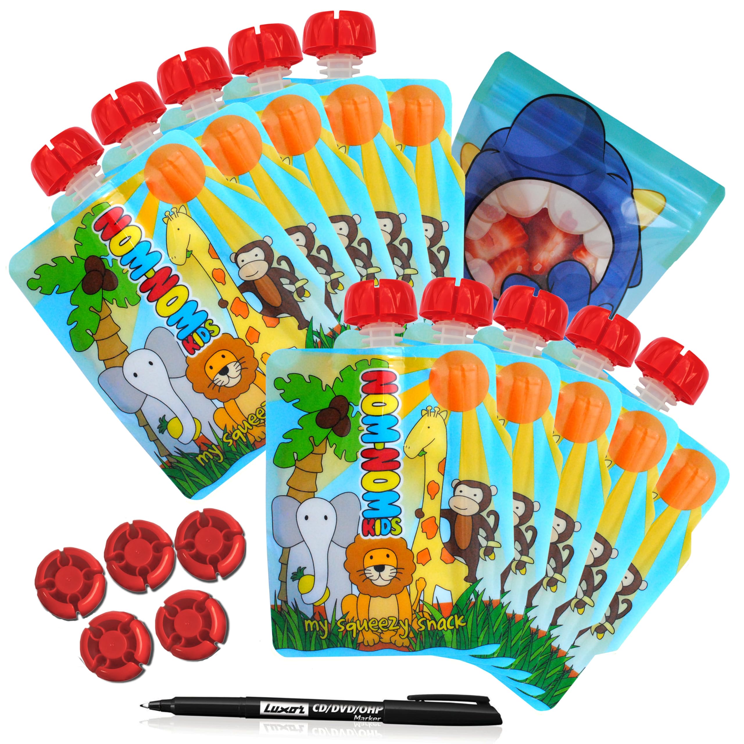 Nom Nom Kids – 10 x 140ml Animal Design Side Fill Pouches, 5 Extra caps, 1 Pen + 1 red or Blue Bonus Snack Bag for Finger Foods