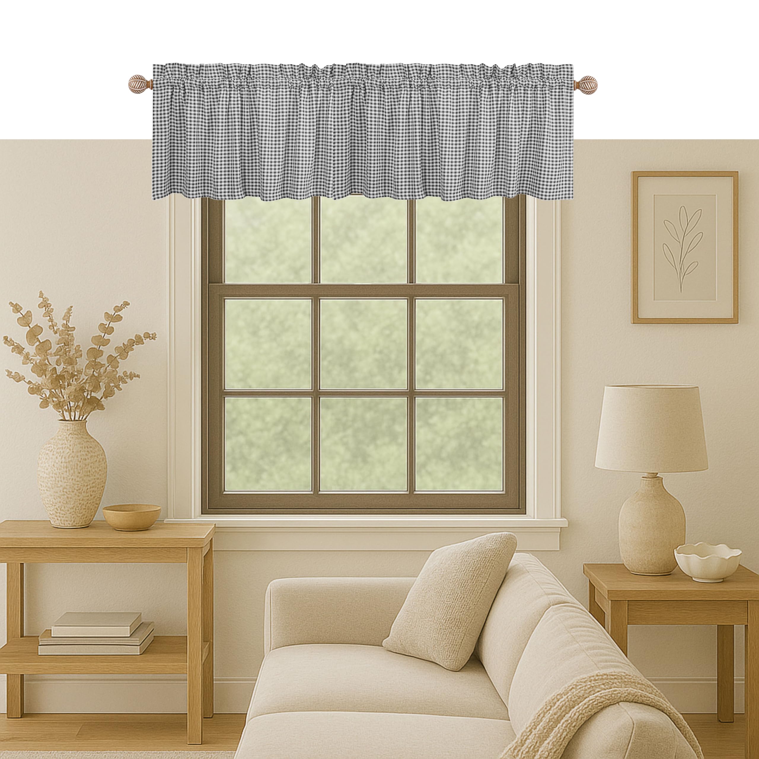 Photo 1 of Native Fab Gingham Check 2 Pack Window Curtain Valance Set - Rod Pocket - Semi Sheer - Farmhouse Small Curtain for Kitchen, Bedroom, Living Room, Bathroom - 54x18 inches - Grey White