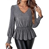 Lotusmile Women's Sparkly Peplum Tops Dressy Puff Long Sleeve Blouses with Smocked Cuffs for Fall & Winter