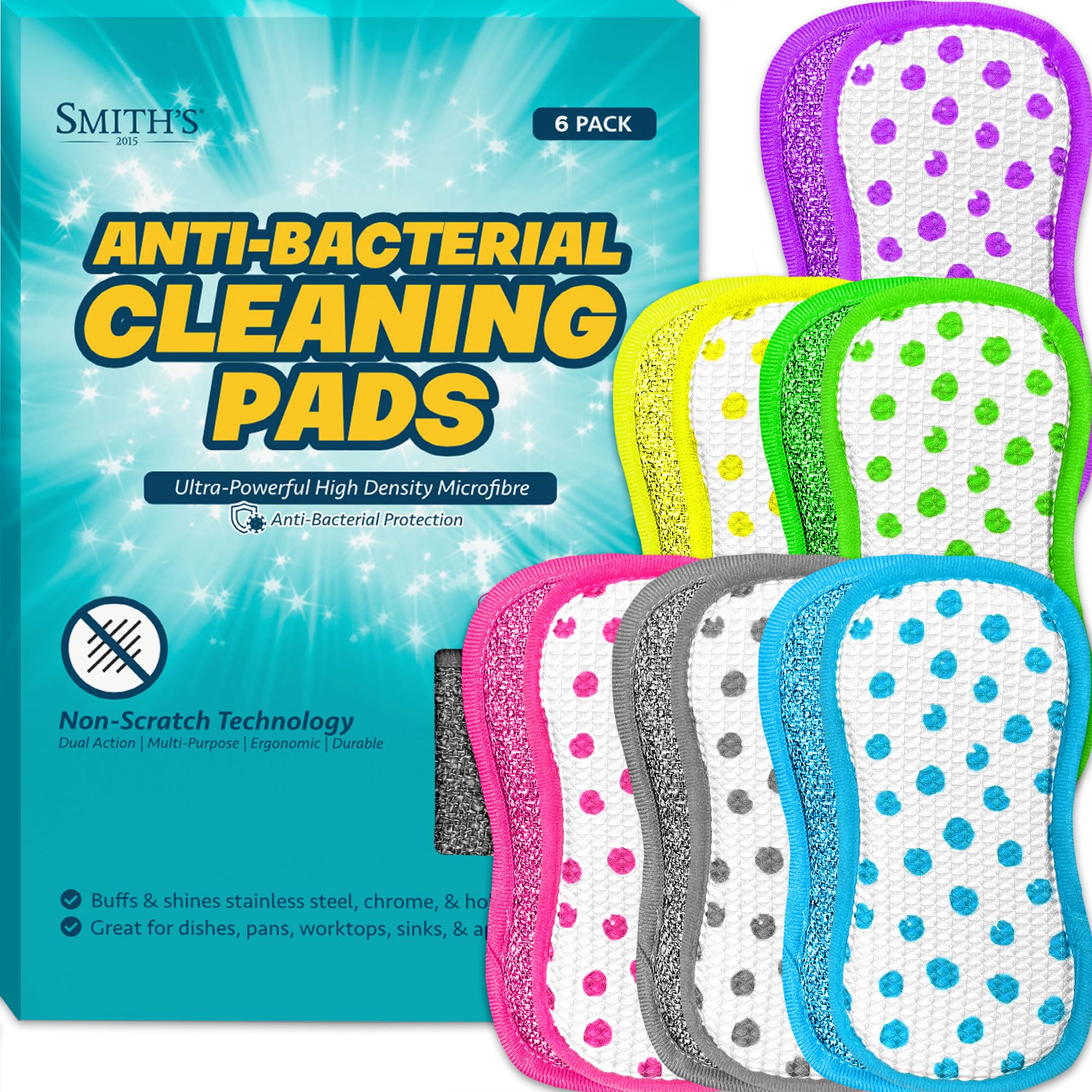 Anti-Bacterial Cleaning Pads by Smith’s® | 6 Pack | Dual-Sided Dish & Multi-Surface Cloth | For Home, Kitchen, Bathroom | Reusable | Non-Scratch | Long Lasting