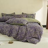 Simple&amp;Opulence Muslin Duvet Cover Set King Size, 100% Washed Cotton 3 Pieces Yarn-Dyed Vintage Purple Floral Jacquard Textured Bedding, Soft &amp; Breathable Gauze Comforter Cover with Zipper Closure