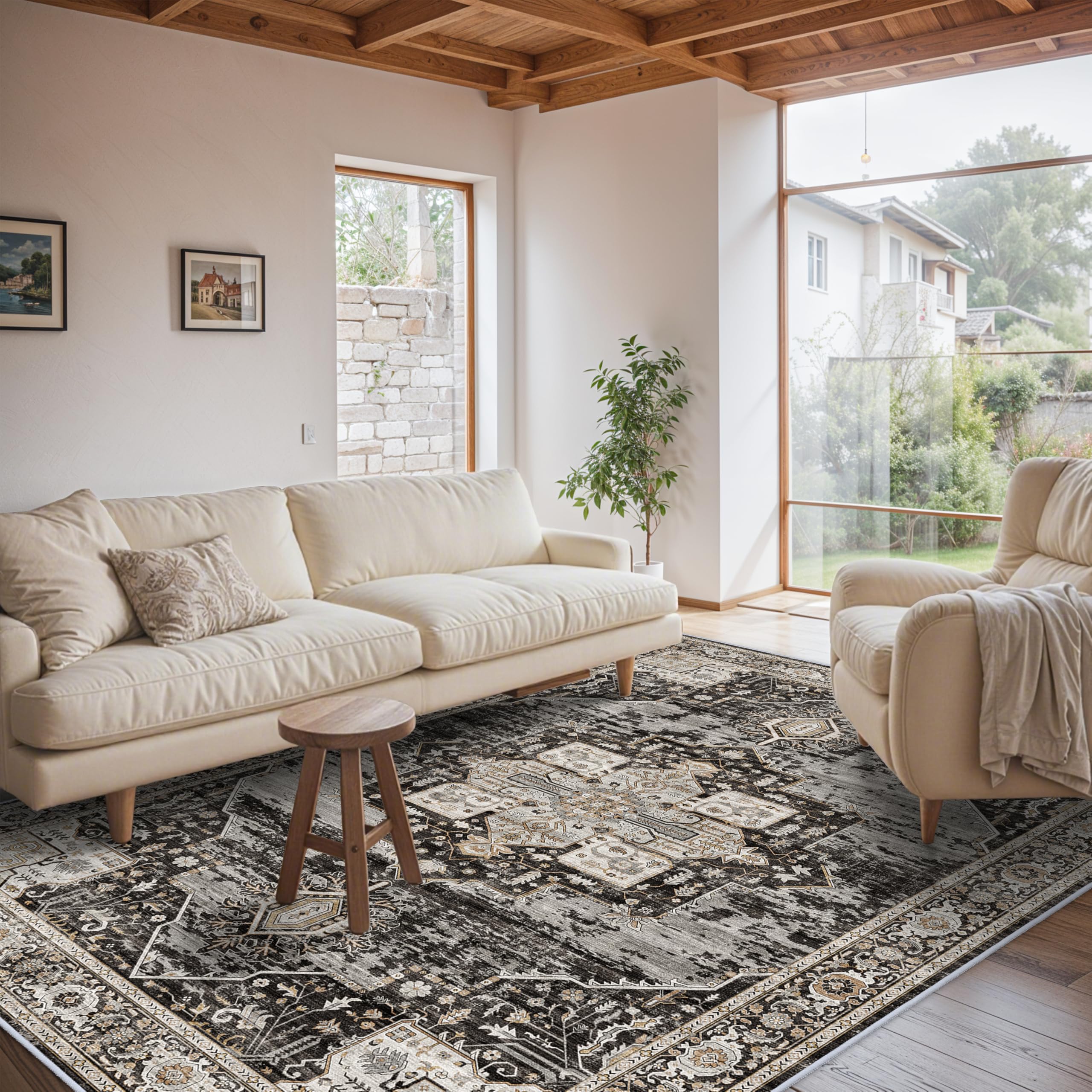 RUUGME 6x9 Area Rug Washable - Living Room Rugs with Non Slip Backing Ultra Soft Stain Resistant Bedroom Dining Room Carpet Indoor Distressed Home Decor Mat for Bathroom 6x9 Black Image