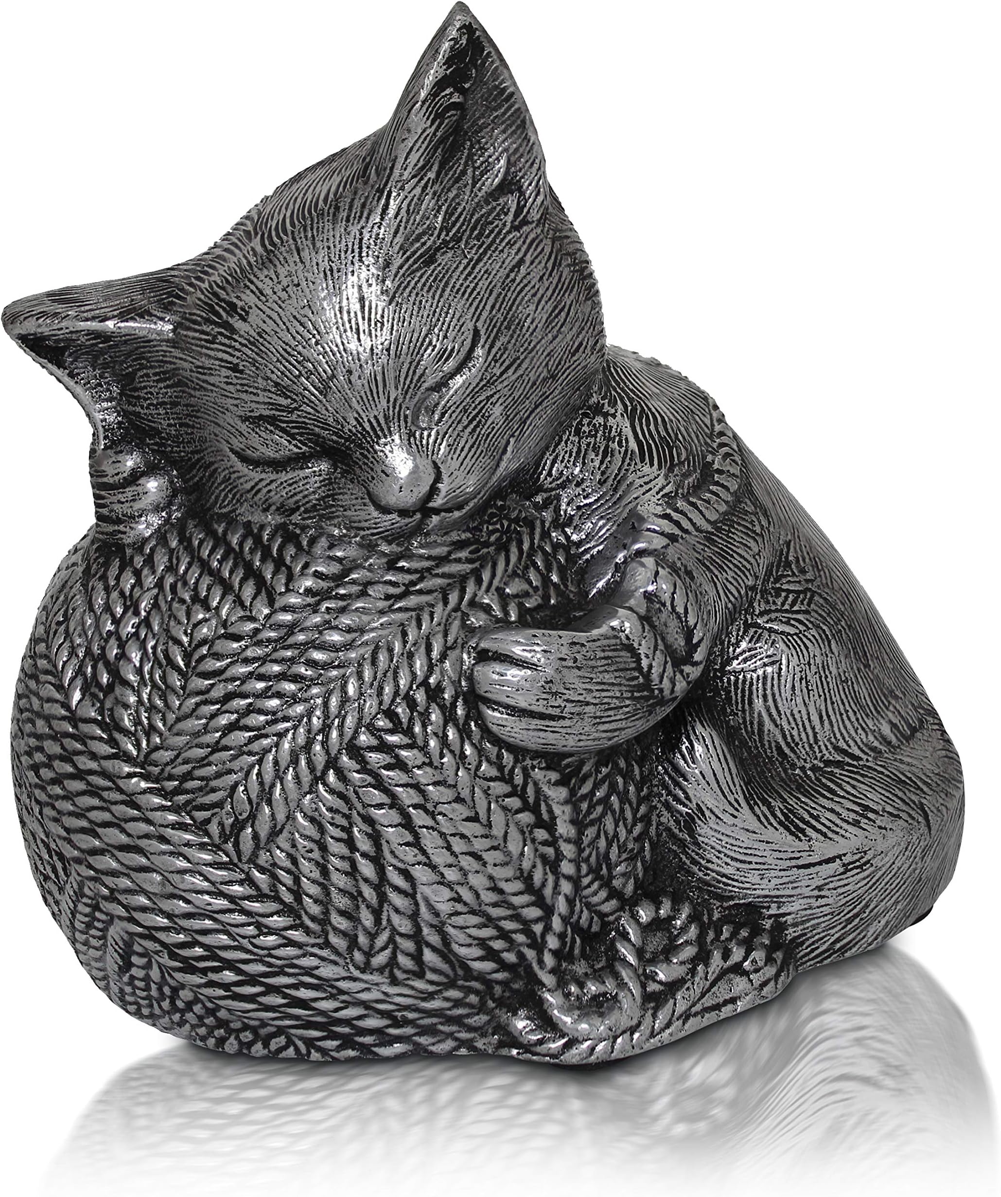 Royal Matter Sleeping Kitty Urn with Yarn Ball. Capacity: 4 Cubic Inches - 6.25″ x 6.5″ x 4″ (Silver)