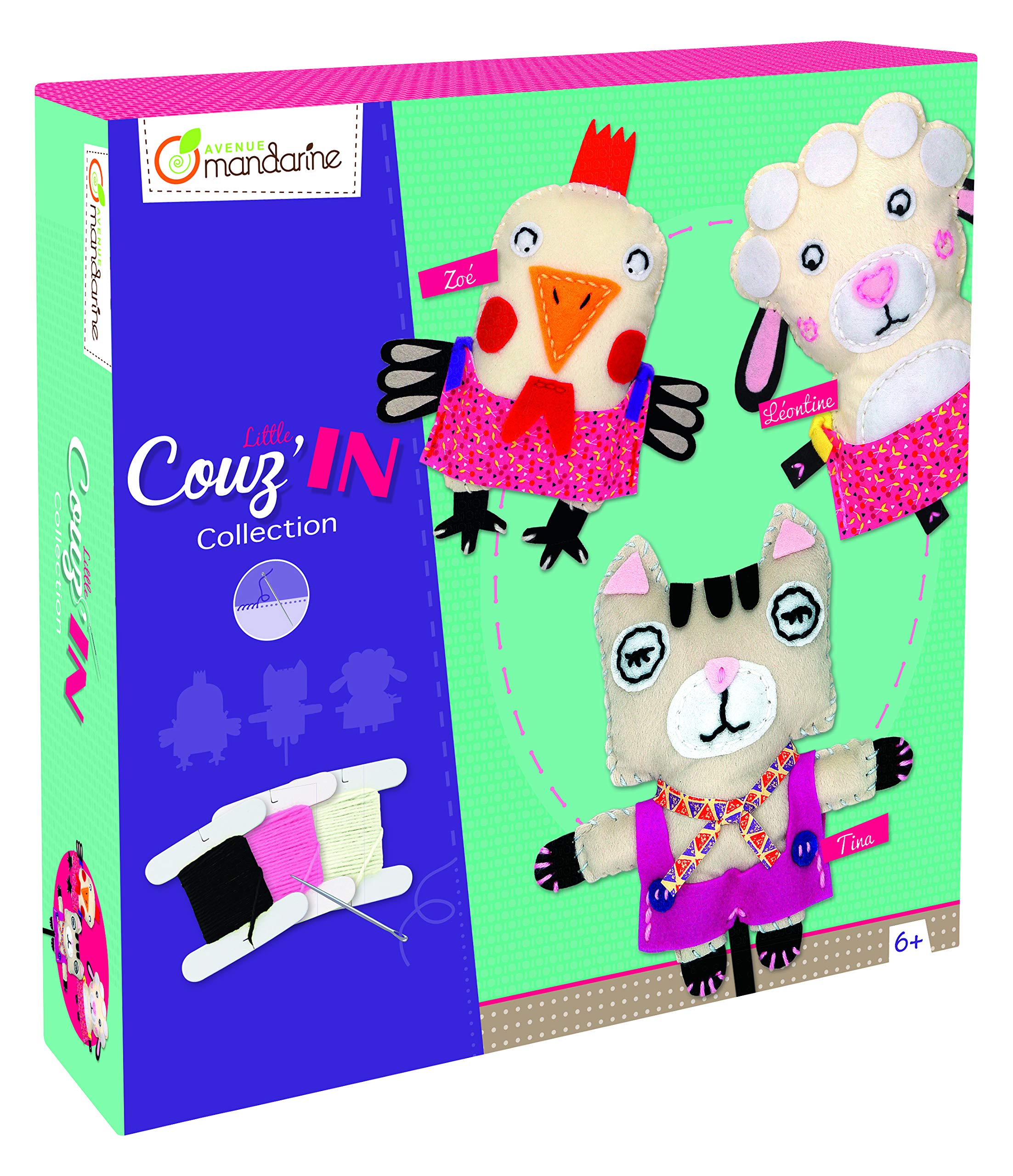 Avenue Mandarine - Ref KC014O - Activity Box Little Couz'in Collection - Chicken, Sheep, Cat to Sew - Pre-Drilled Felt Elements, Suitable for Ages 6-10+
